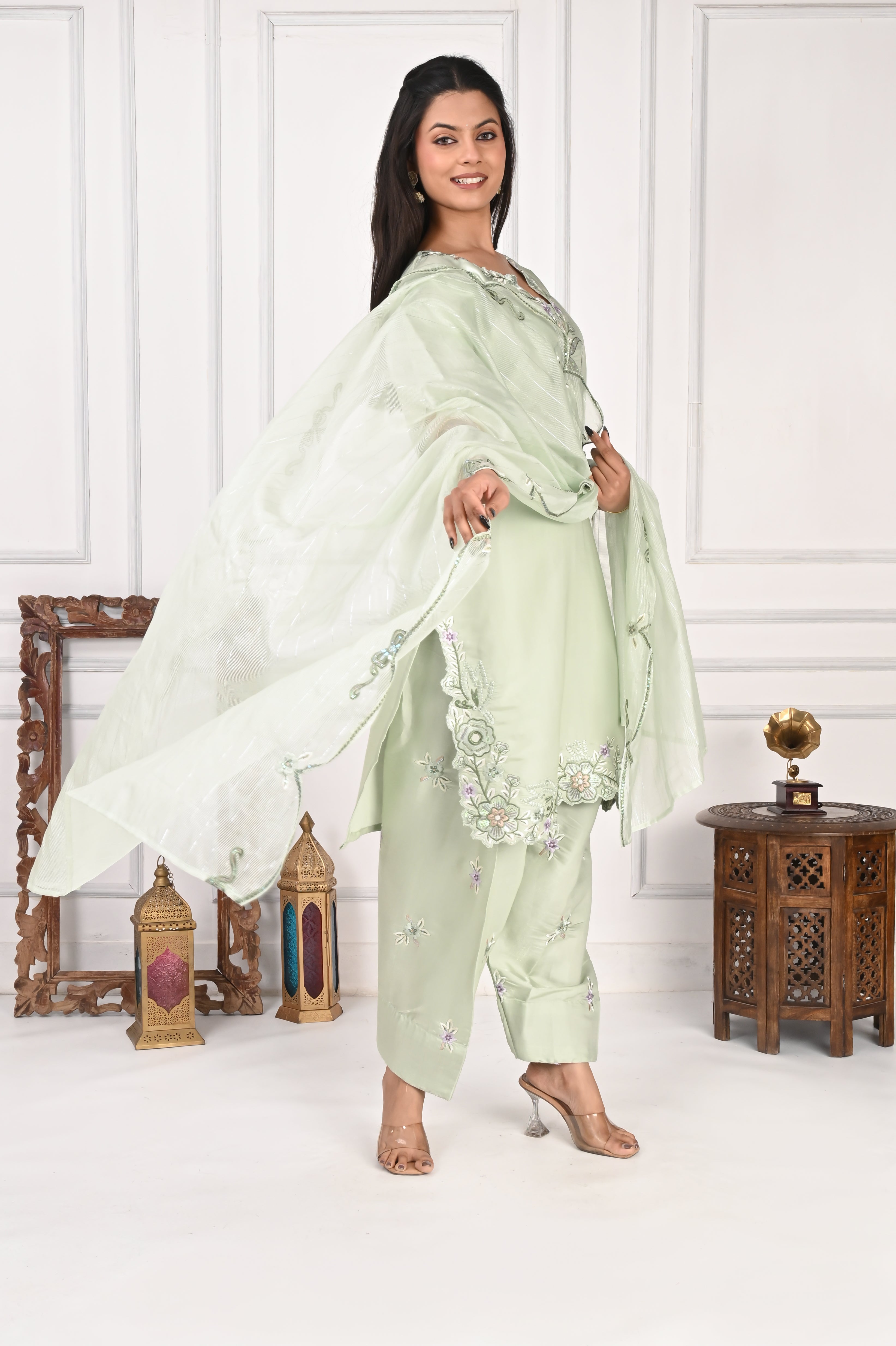 NR-127 Mint Green Embroidered Kurta with Farsi Salwar & Dupatta Set