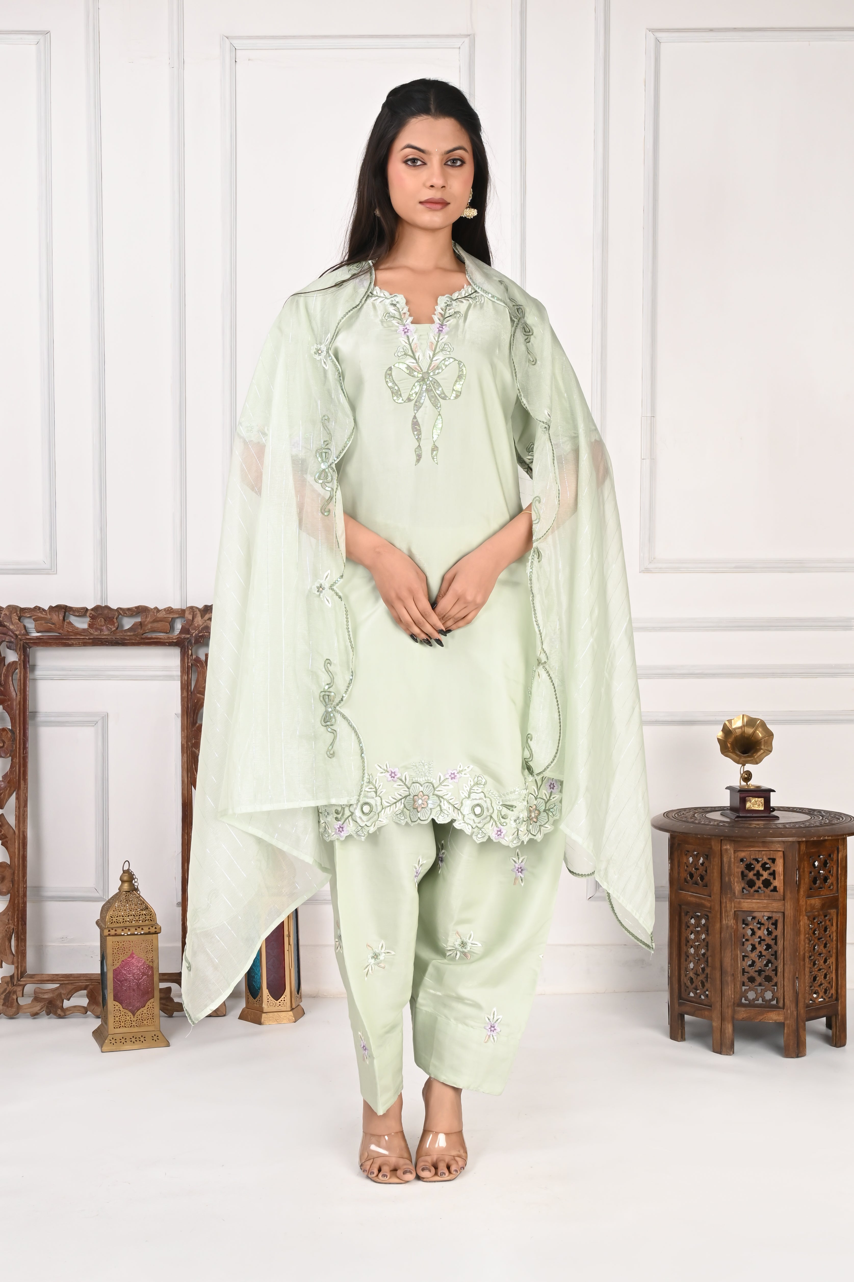 NR-127 Mint Green Embroidered Kurta with Farsi Salwar & Dupatta Set