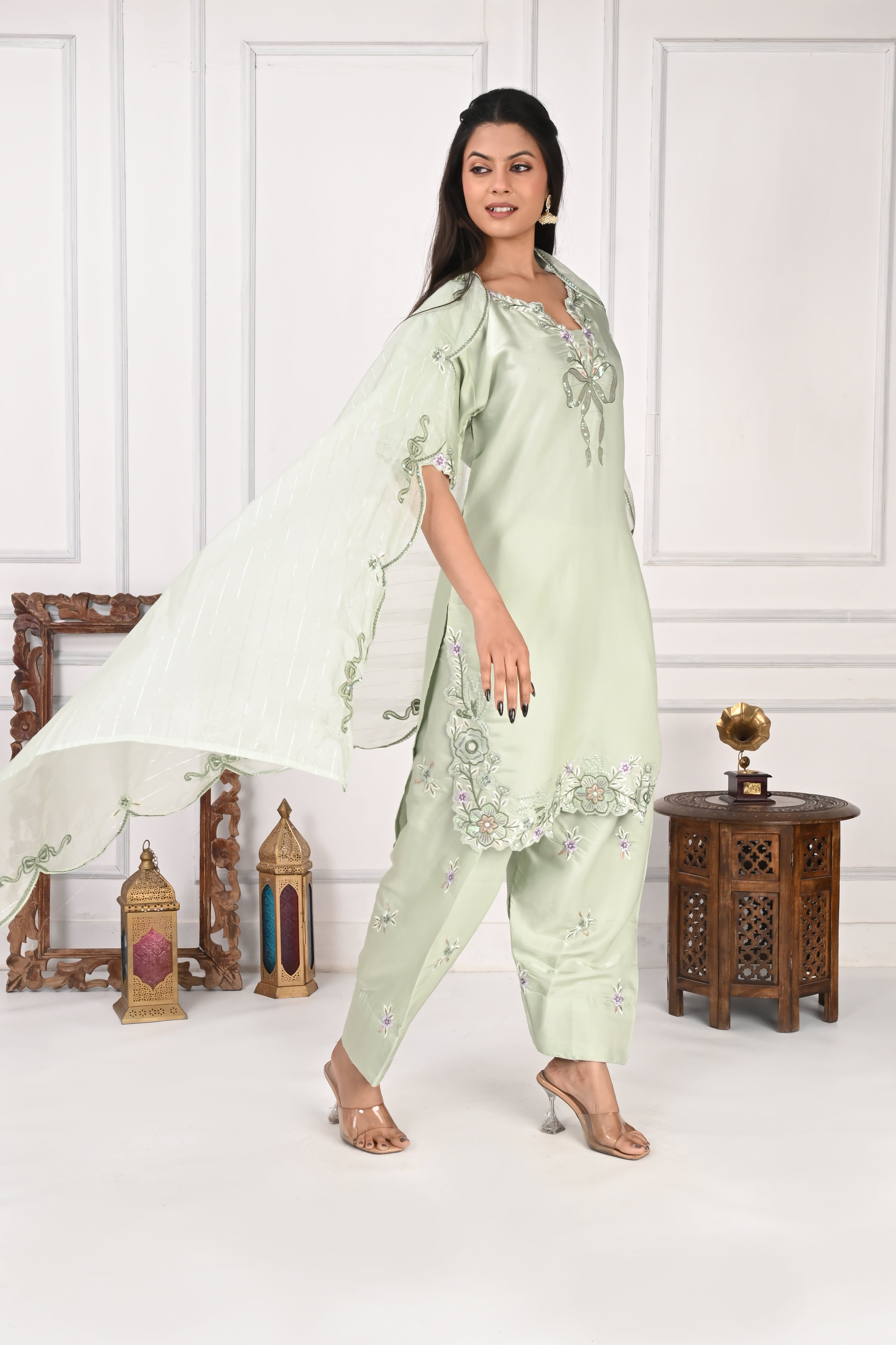 NR-127 Mint Green Embroidered Kurta with Farsi Salwar & Dupatta Set