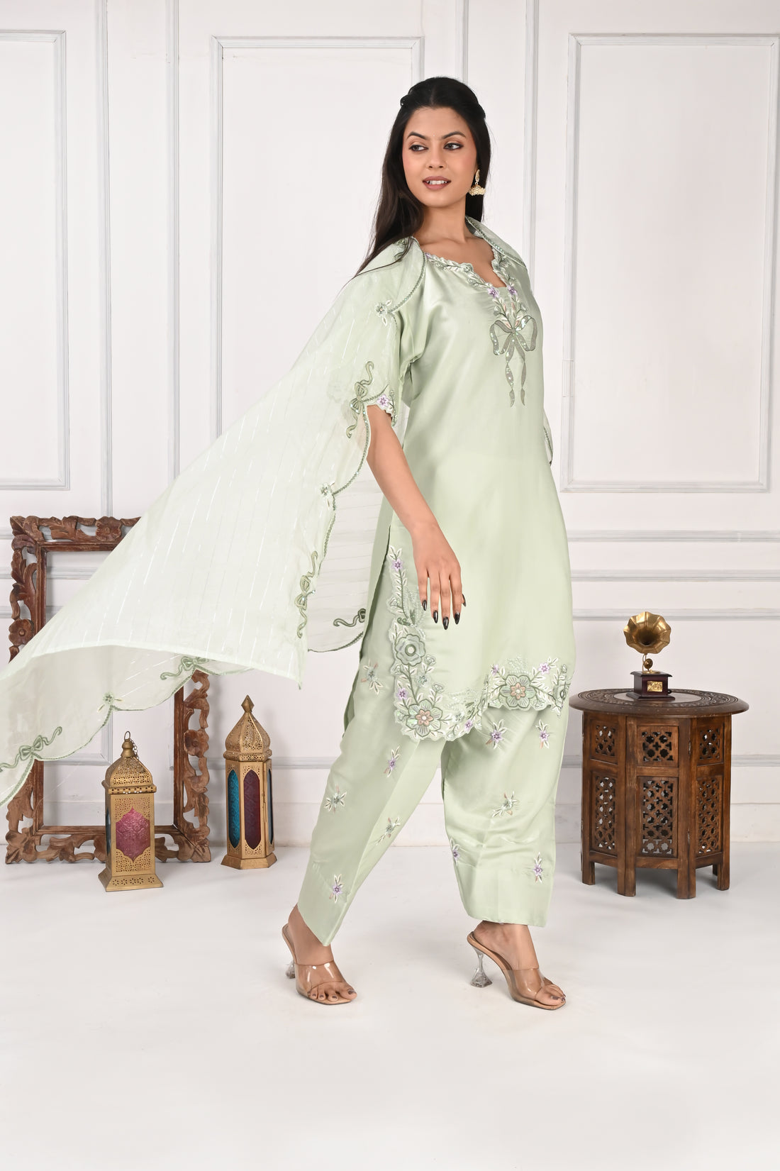 NR-127 Mint Green Embroidered Kurta with Farsi Salwar & Dupatta Set