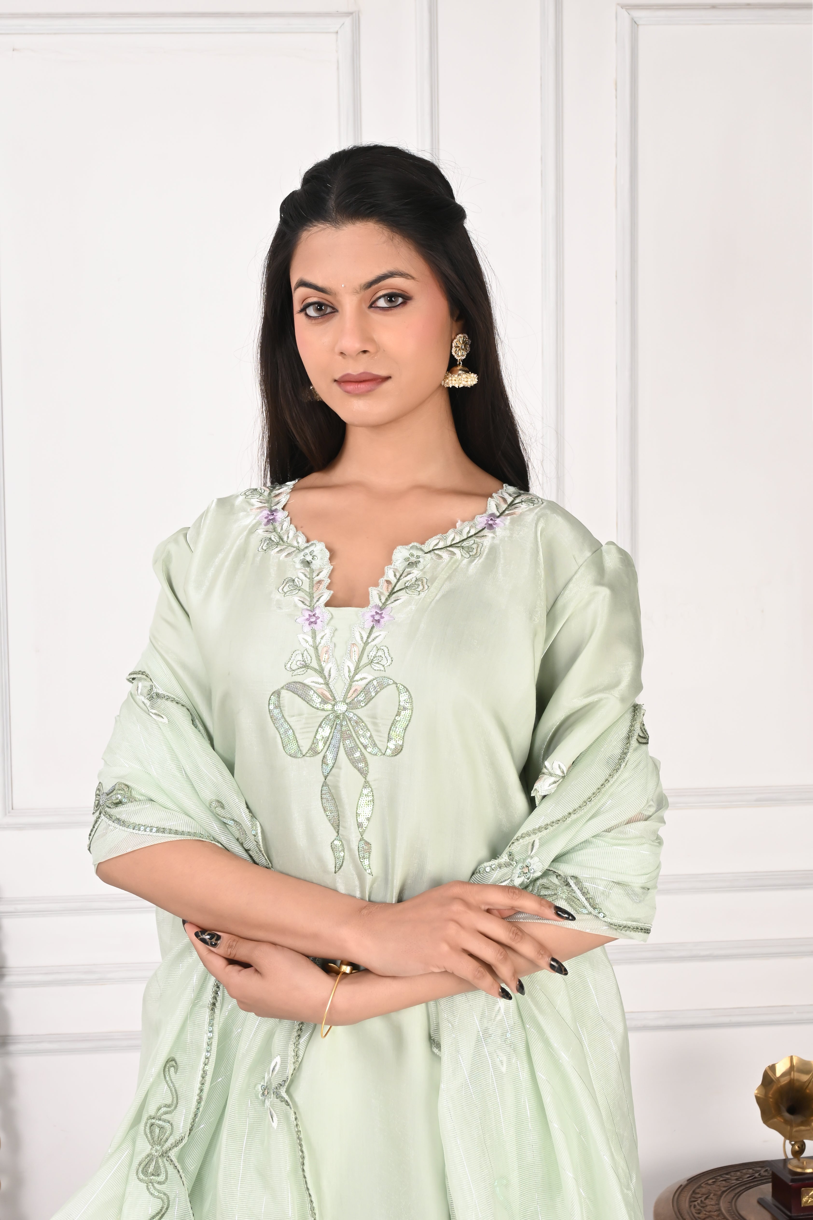 NR-127 Mint Green Embroidered Kurta with Farsi Salwar & Dupatta Set
