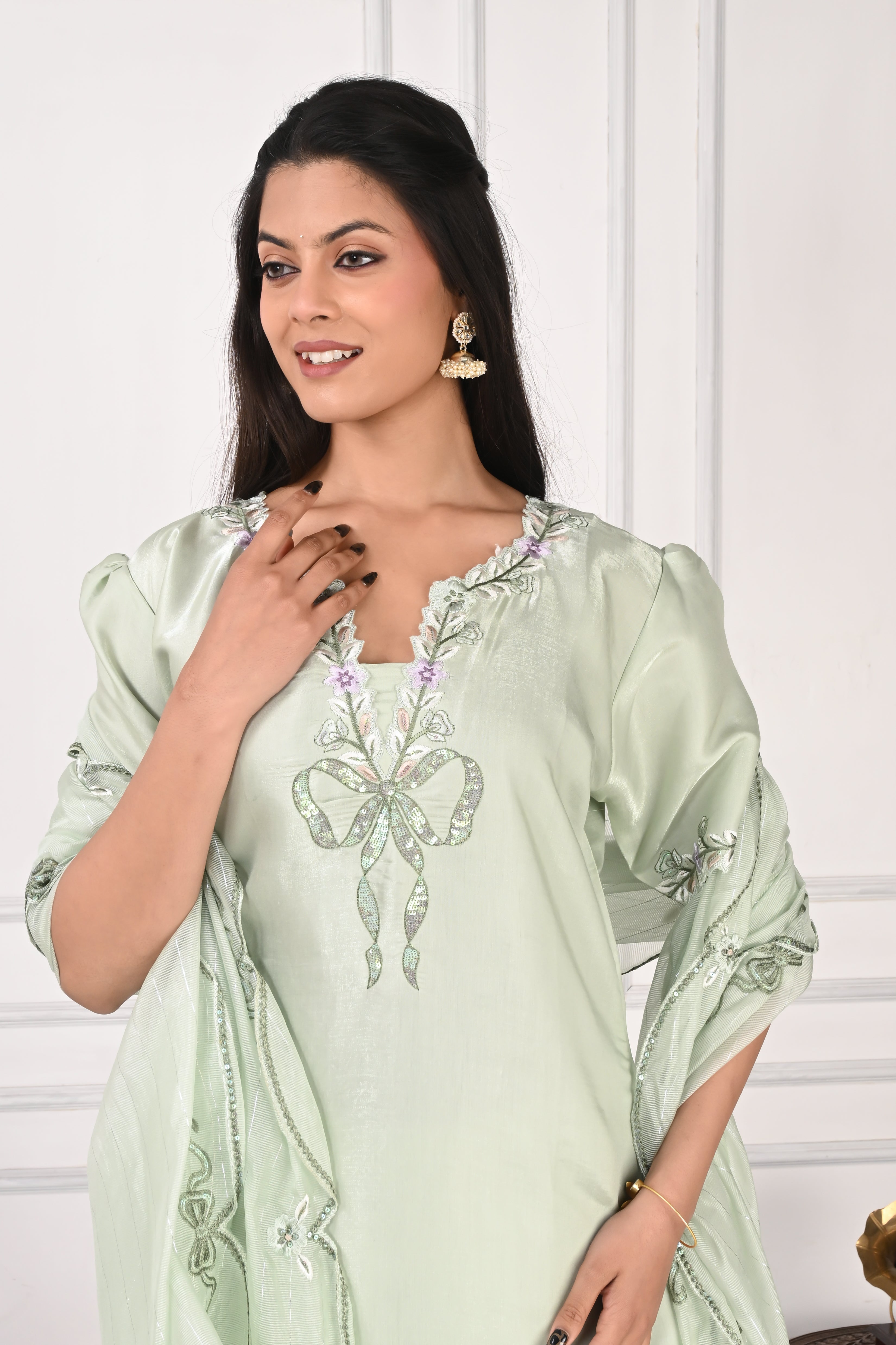 NR-127 Mint Green Embroidered Kurta with Farsi Salwar & Dupatta Set