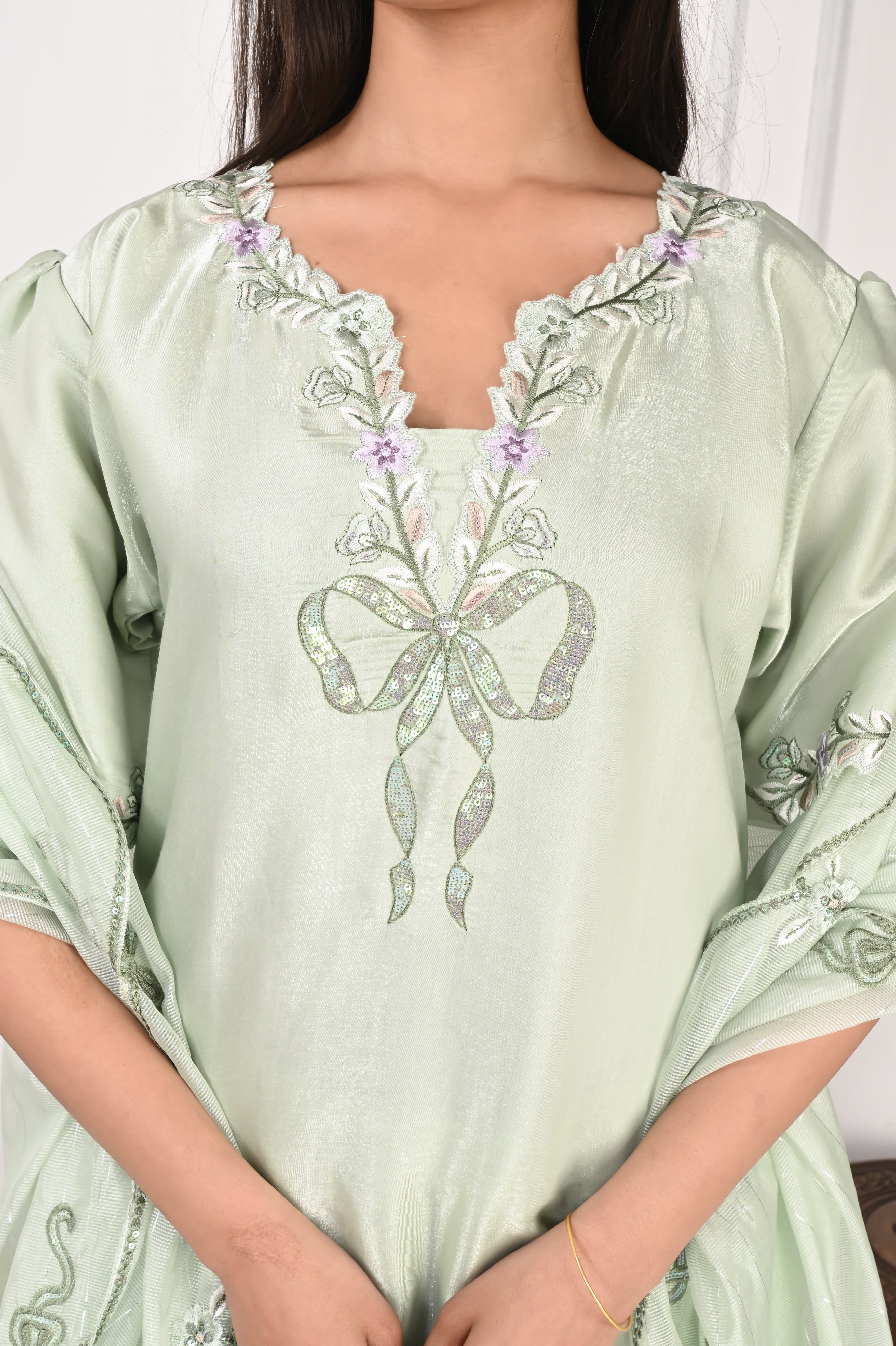 NR-127 Mint Green Embroidered Kurta with Farsi Salwar & Dupatta Set