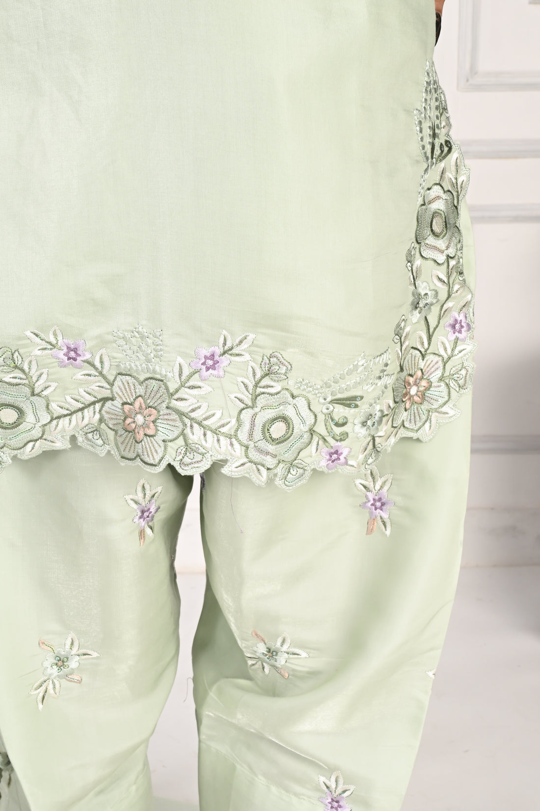 NR-127 Mint Green Embroidered Kurta with Farsi Salwar & Dupatta Set