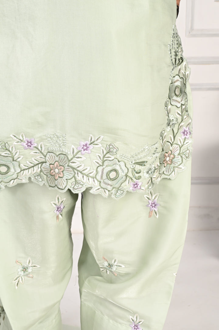 NR-127 Mint Green Embroidered Kurta with Farsi Salwar & Dupatta Set