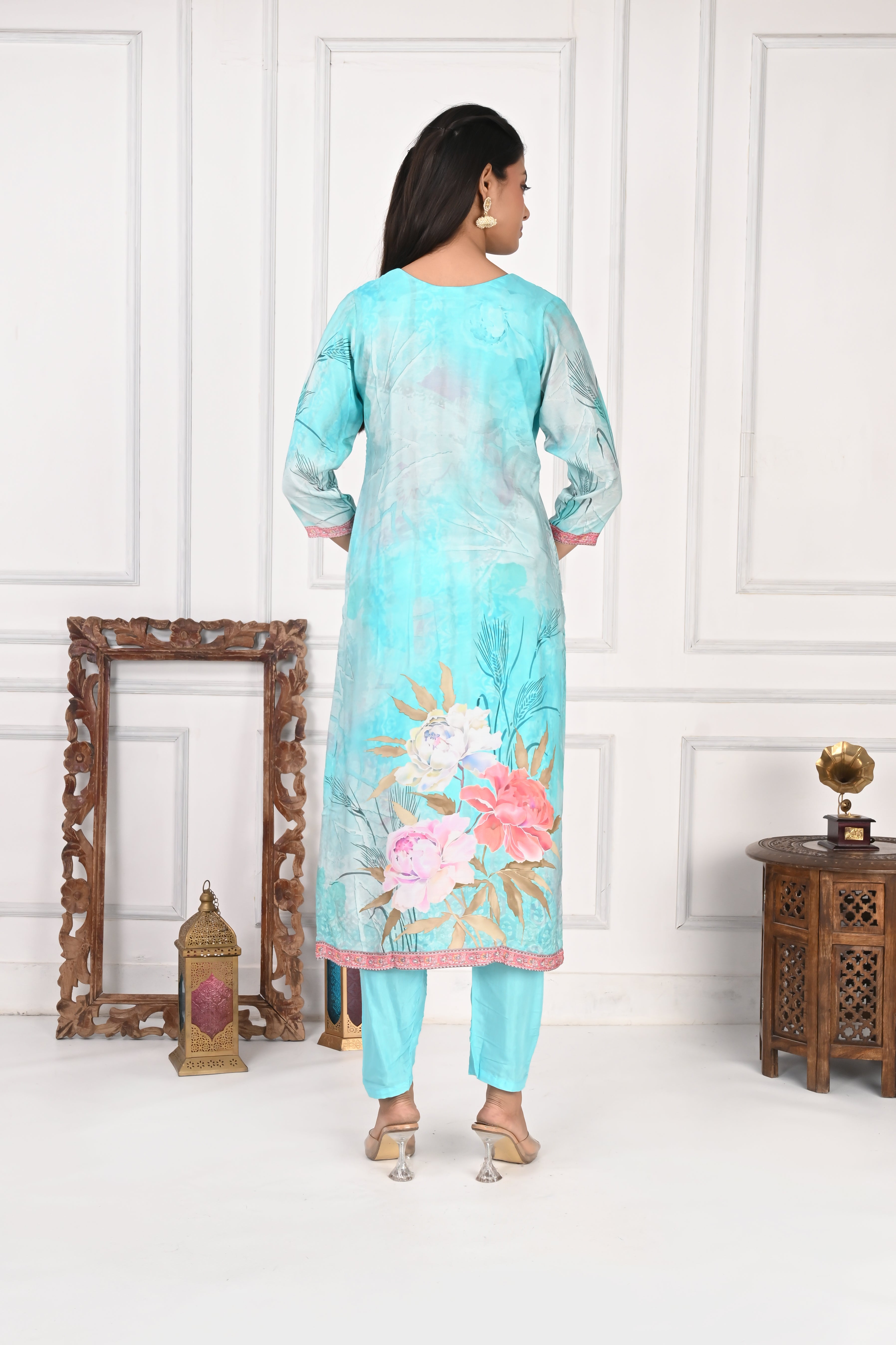 NR-128 Aqua Blue Pure Maslin Kurta Set