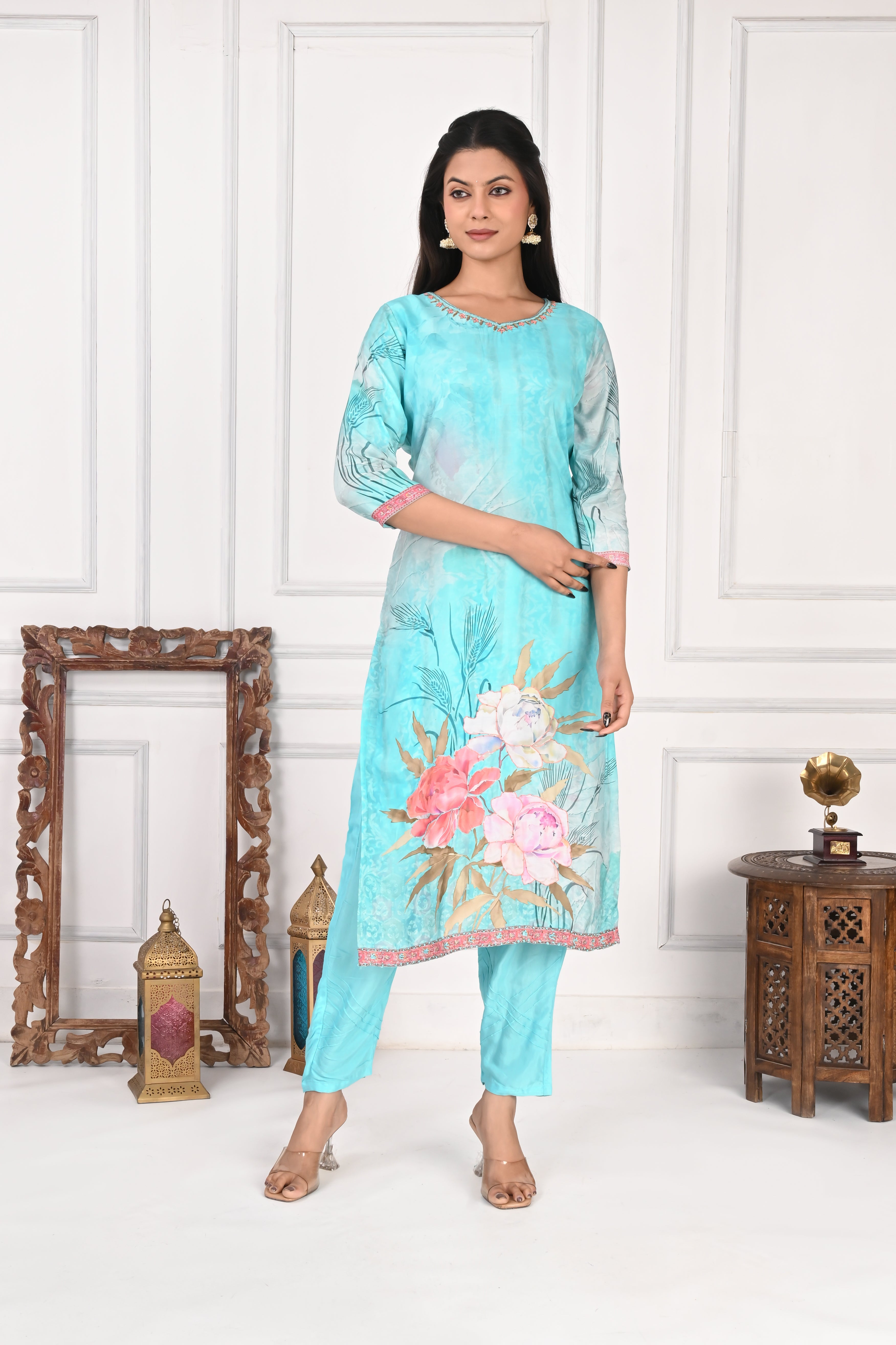 NR-128 Aqua Blue Pure Maslin Kurta Set