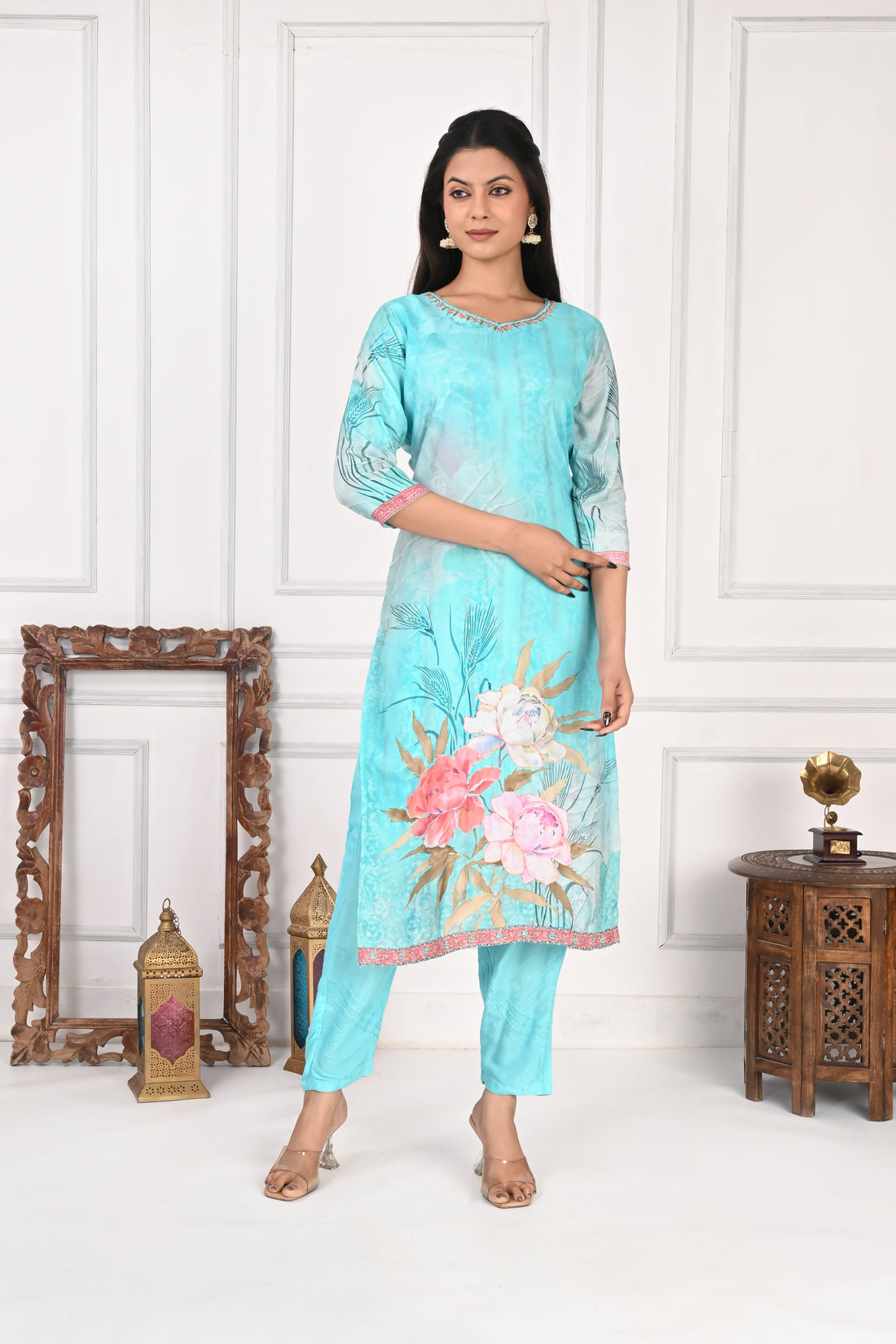 NR-128 Aqua Blue Pure Maslin Kurta Set