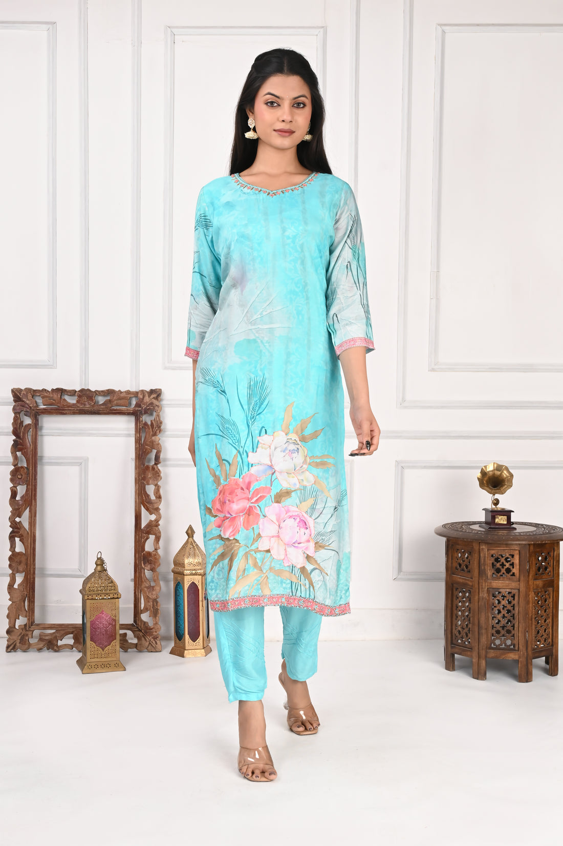NR-128 Aqua Blue Pure Maslin Kurta Set