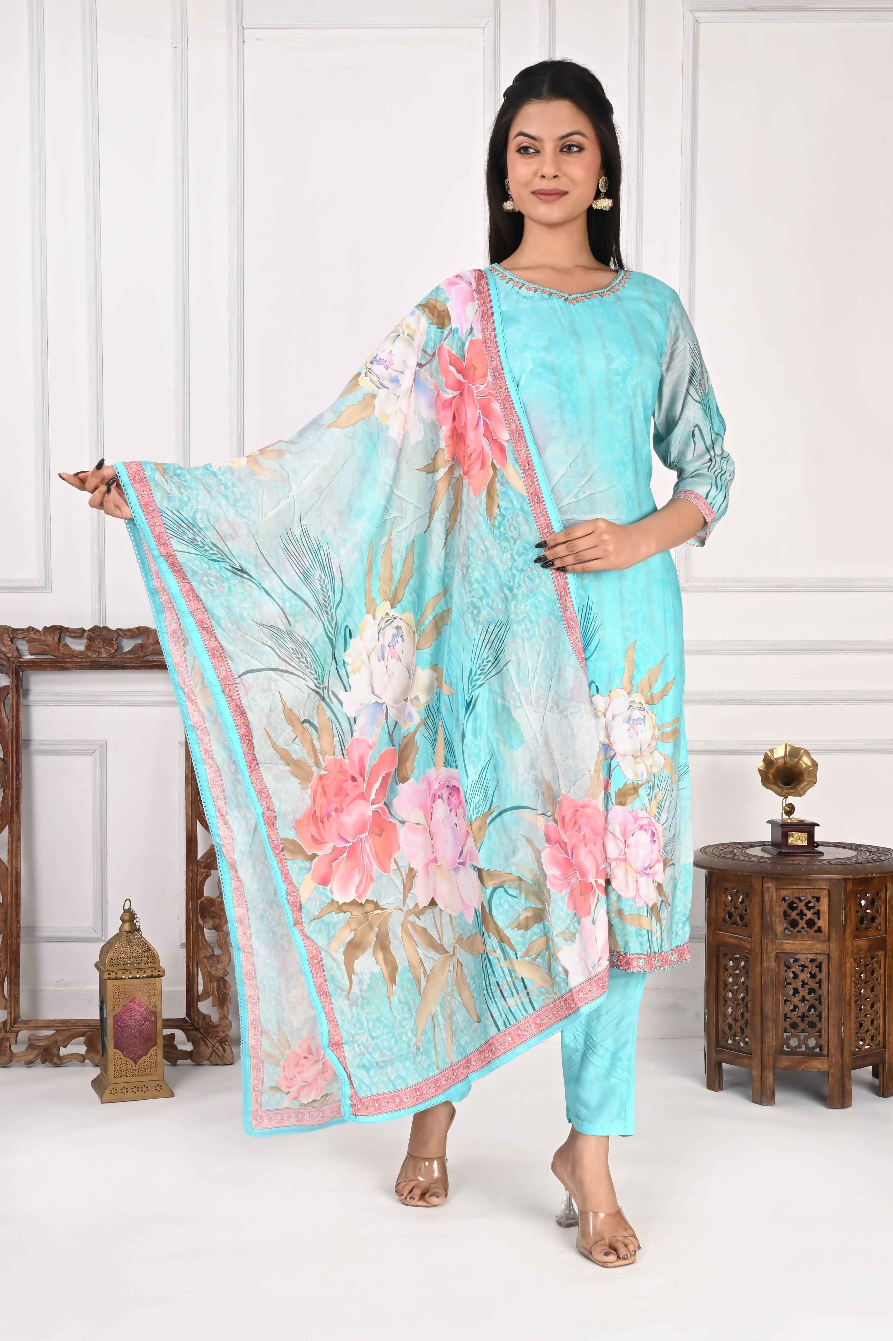 NR-128 Aqua Blue Pure Maslin Kurta Set