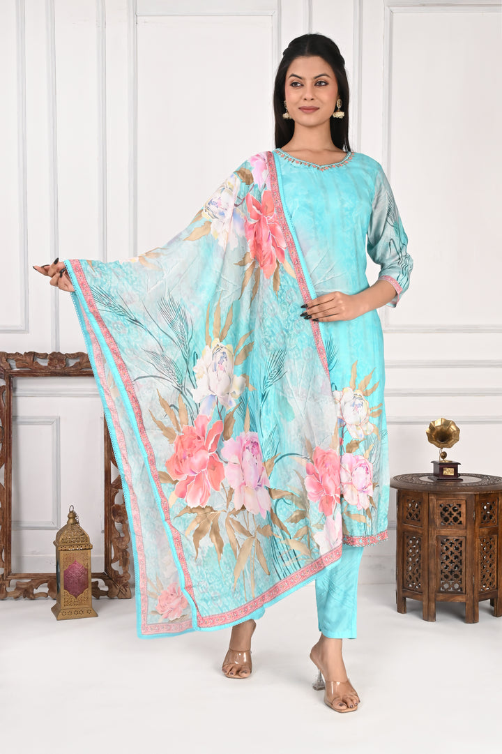 NR-128 Aqua Blue Pure Maslin Kurta Set