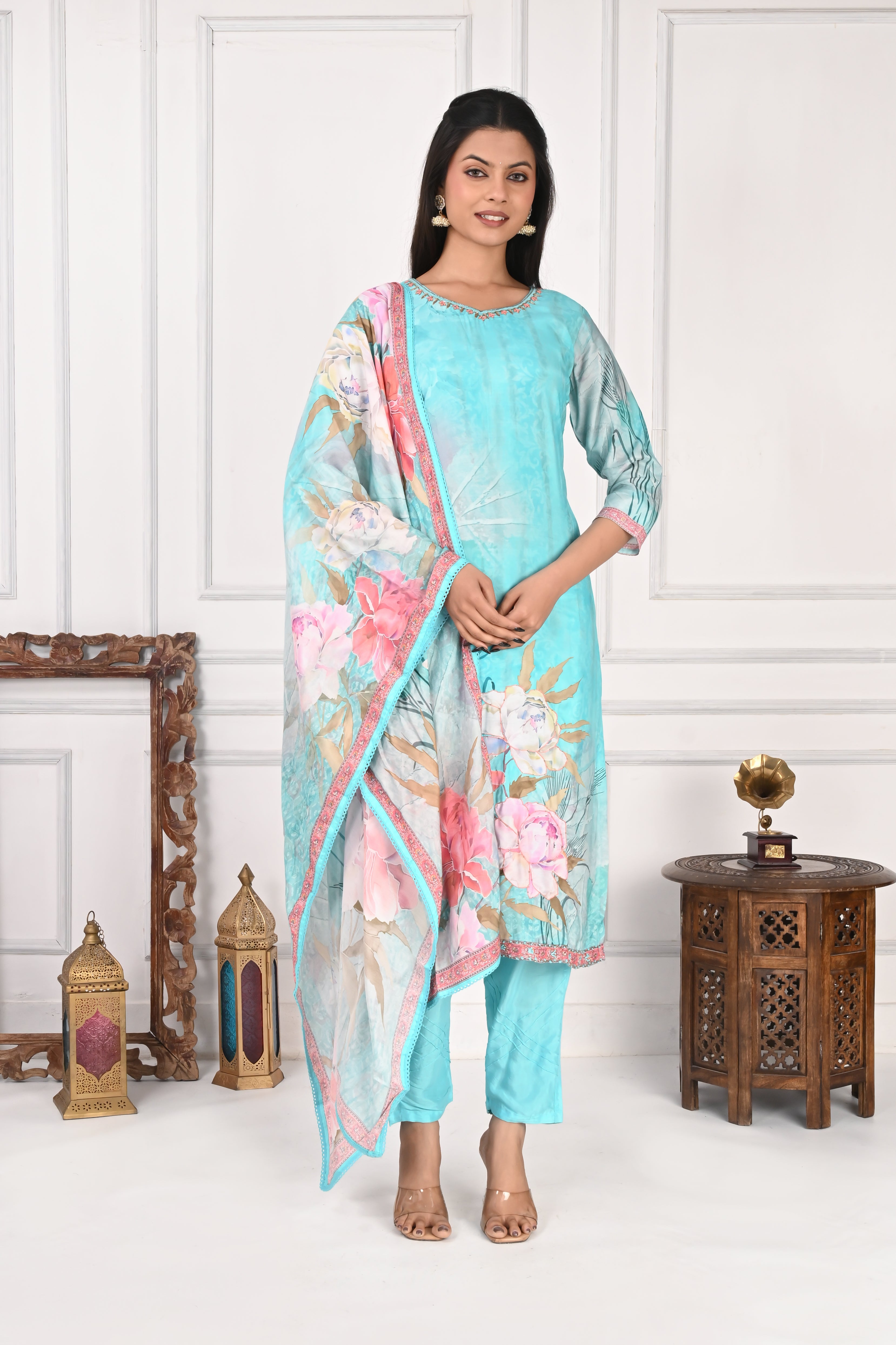 NR-128 Aqua Blue Pure Maslin Kurta Set