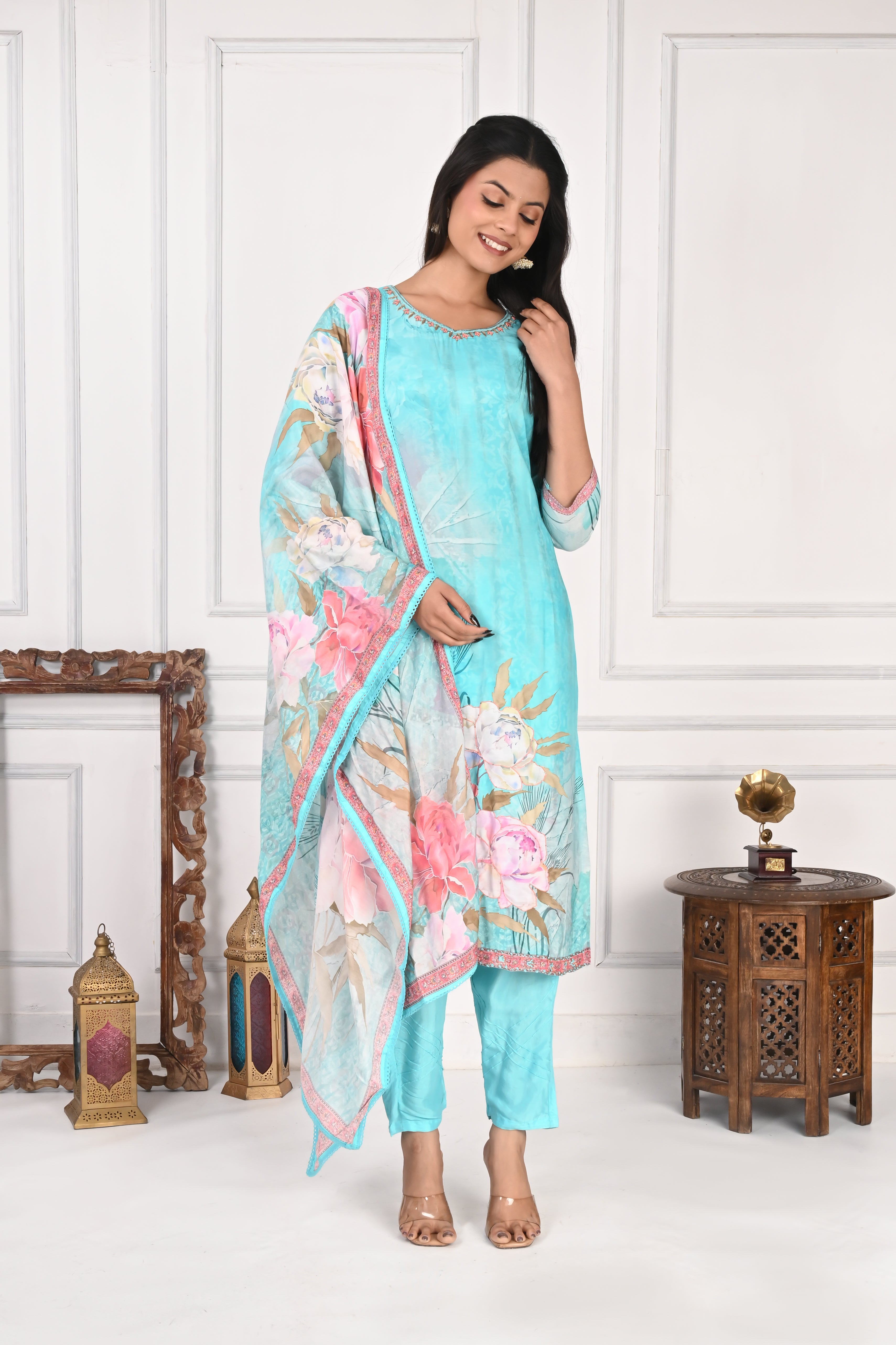 NR-128 Aqua Blue Pure Maslin Kurta Set