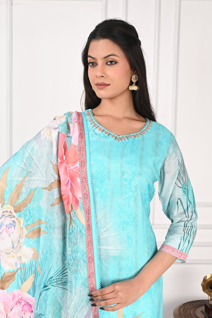 NR-128 Aqua Blue Pure Maslin Kurta Set