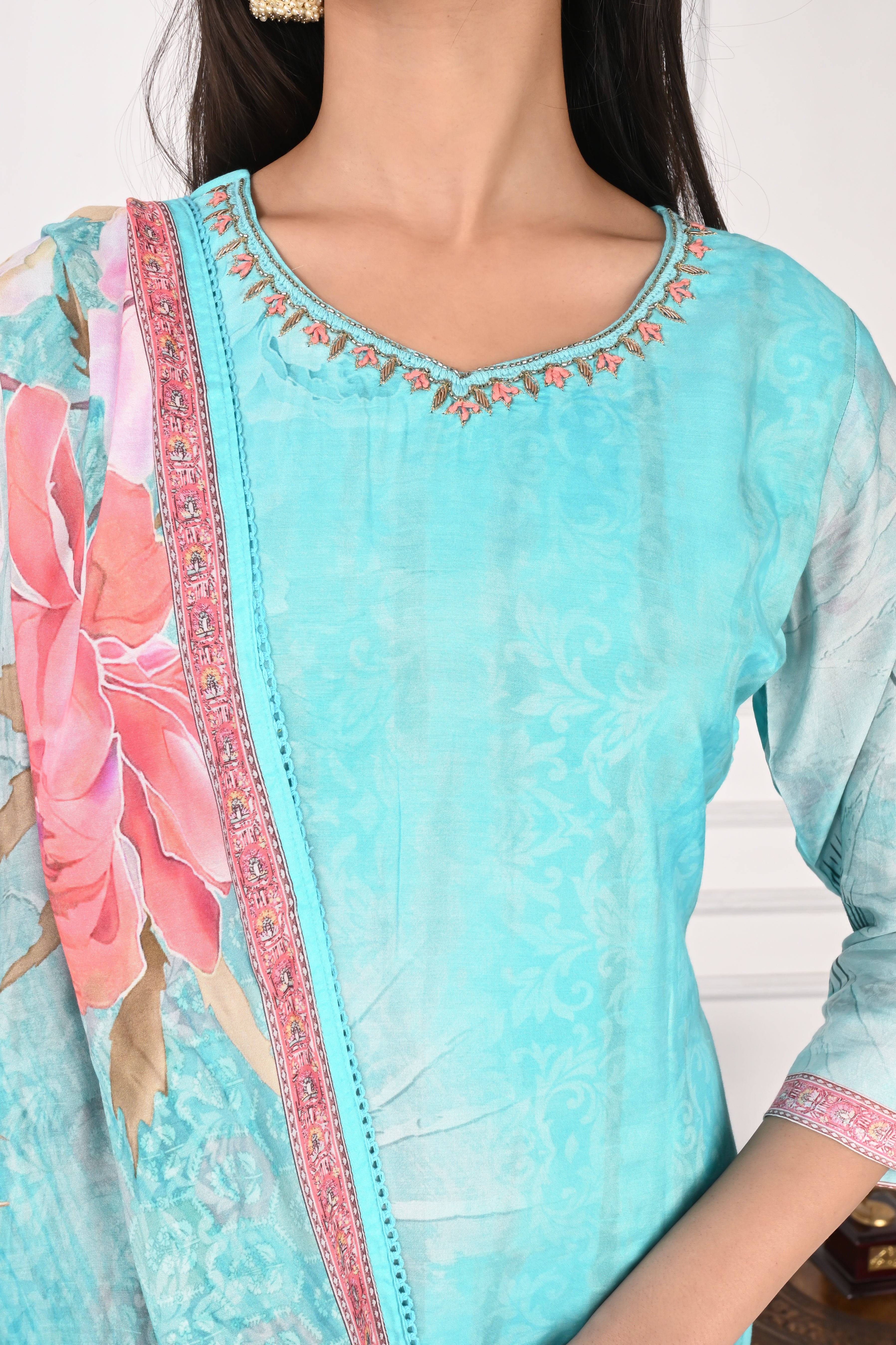 NR-128 Aqua Blue Pure Maslin Kurta Set