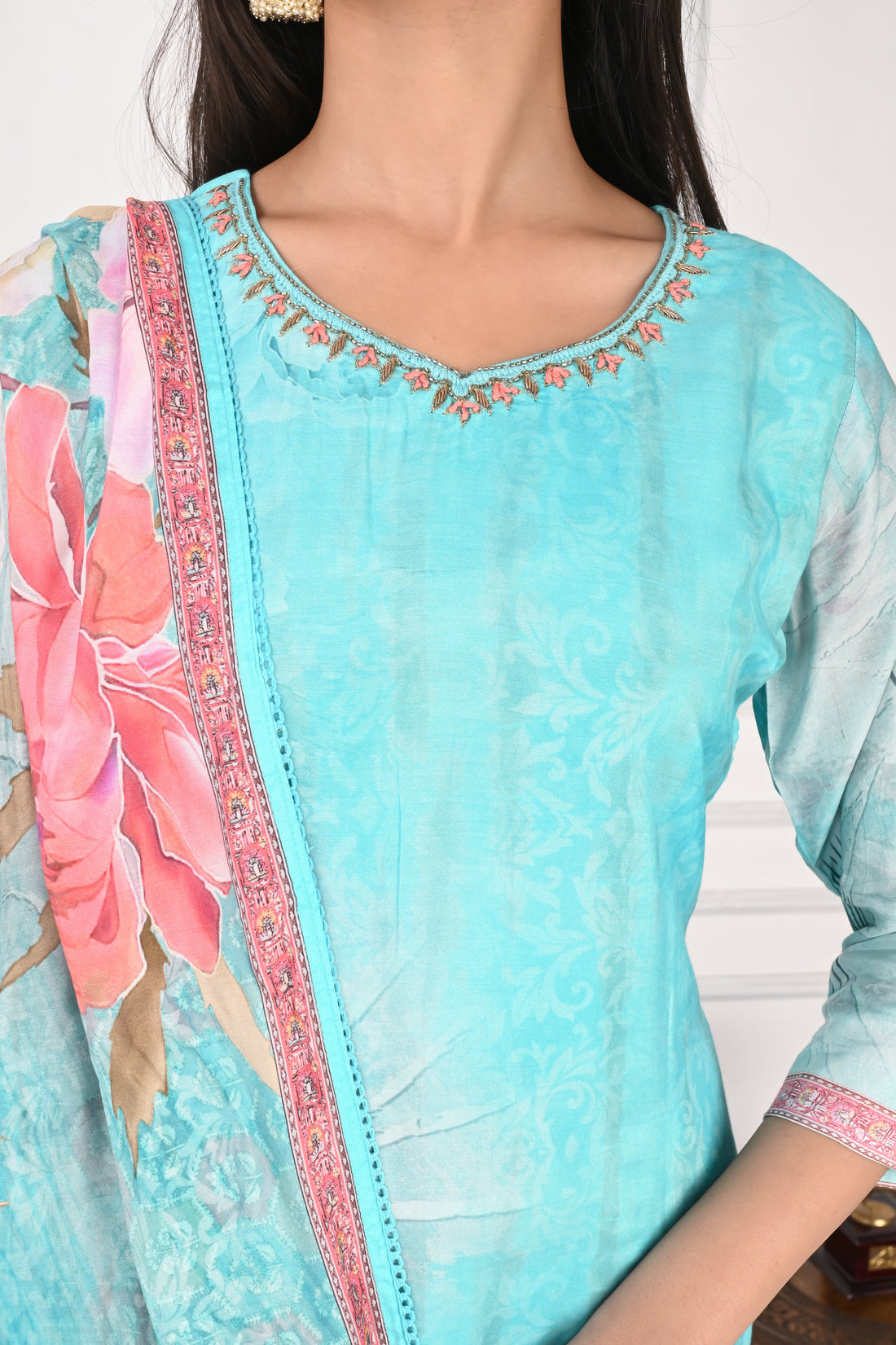 NR-128 Aqua Blue Pure Maslin Kurta Set