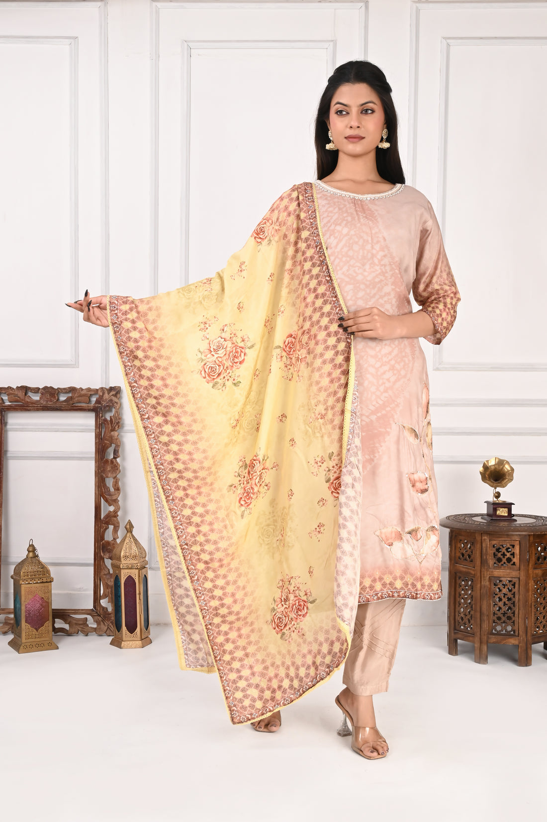 NR-129 Peach Pure Maslin Kurta Set