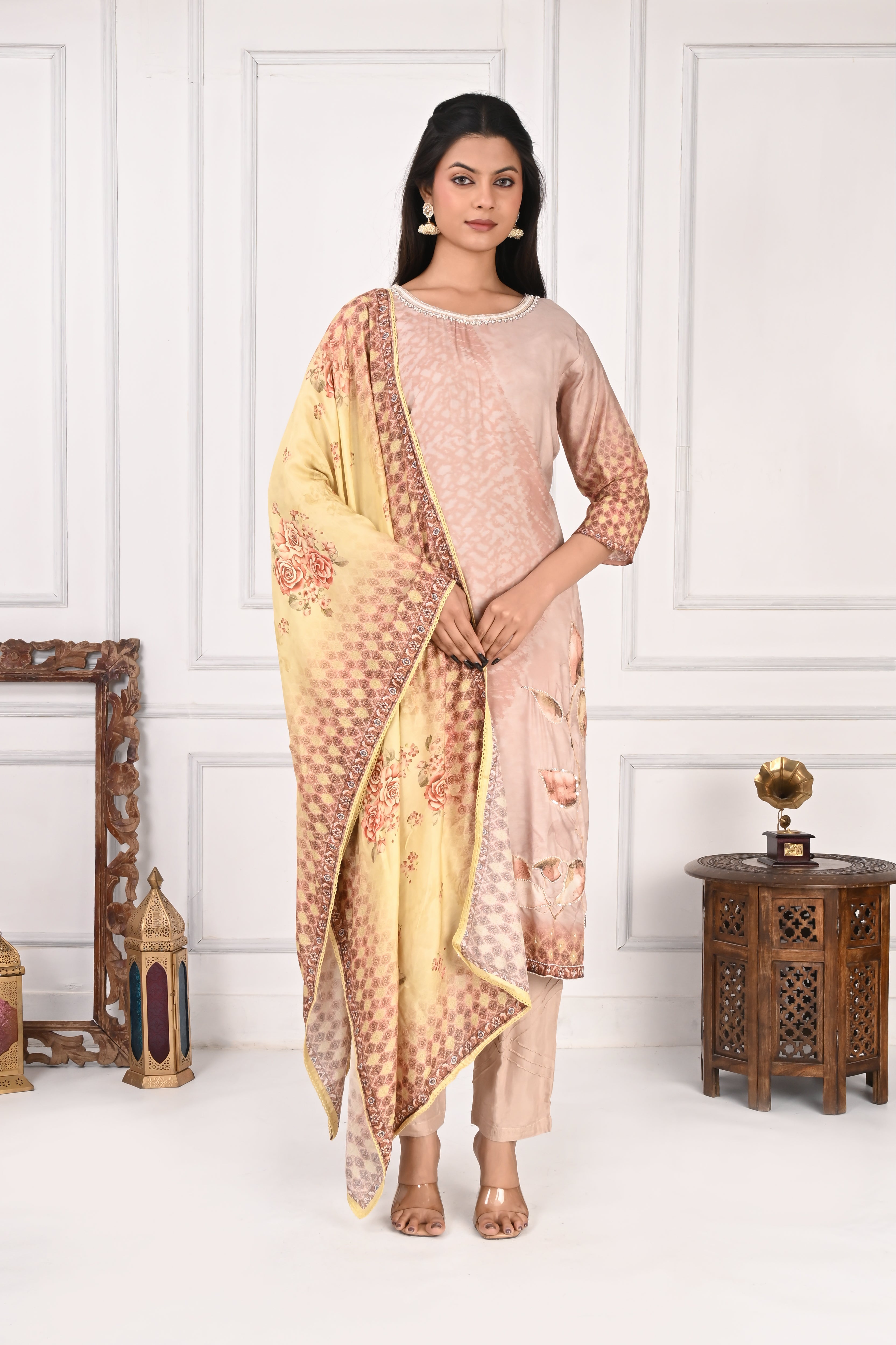 NR-129 Peach Pure Maslin Kurta Set