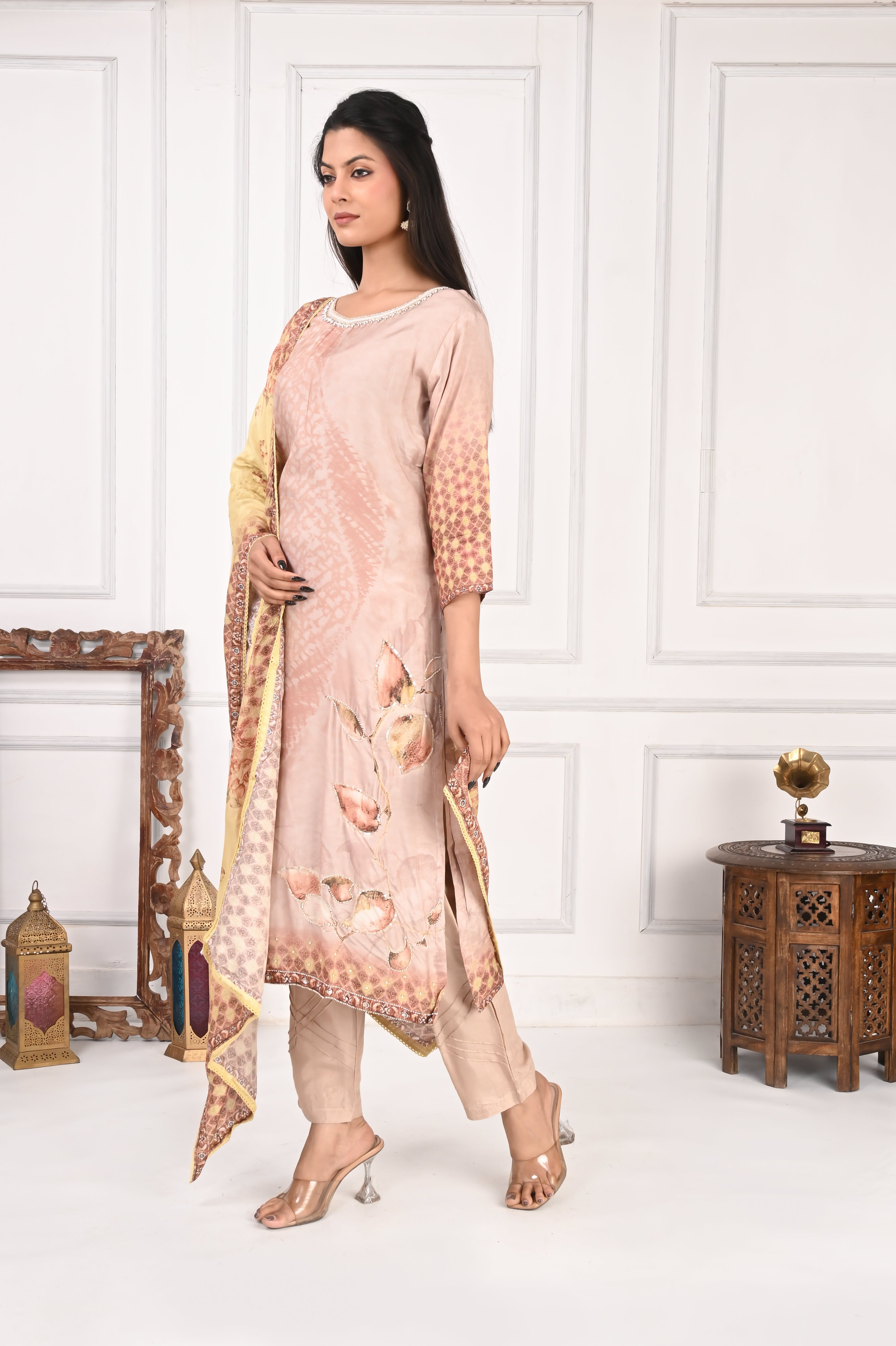 NR-129 Peach Pure Maslin Kurta Set