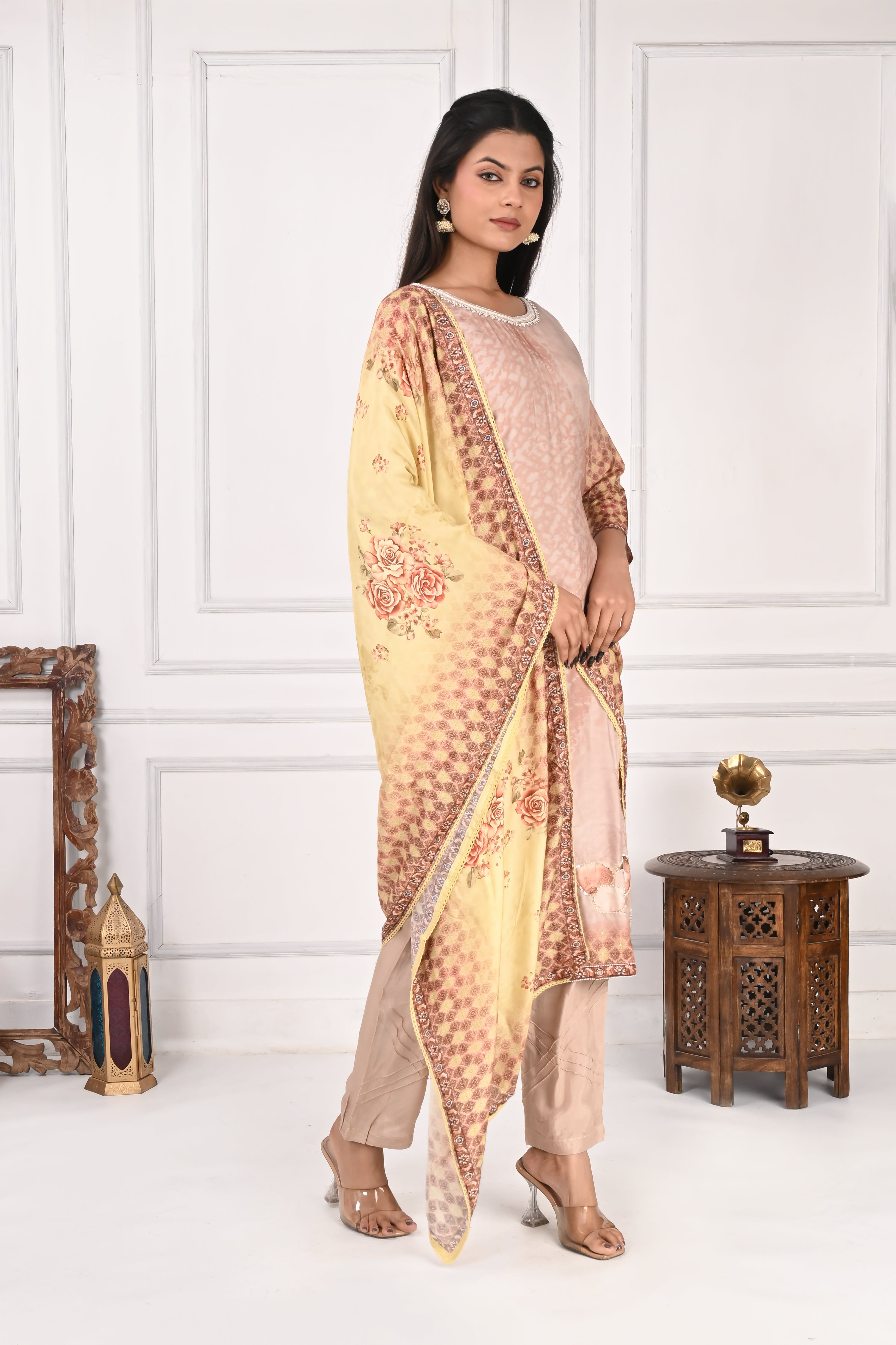 NR-129 Peach Pure Maslin Kurta Set