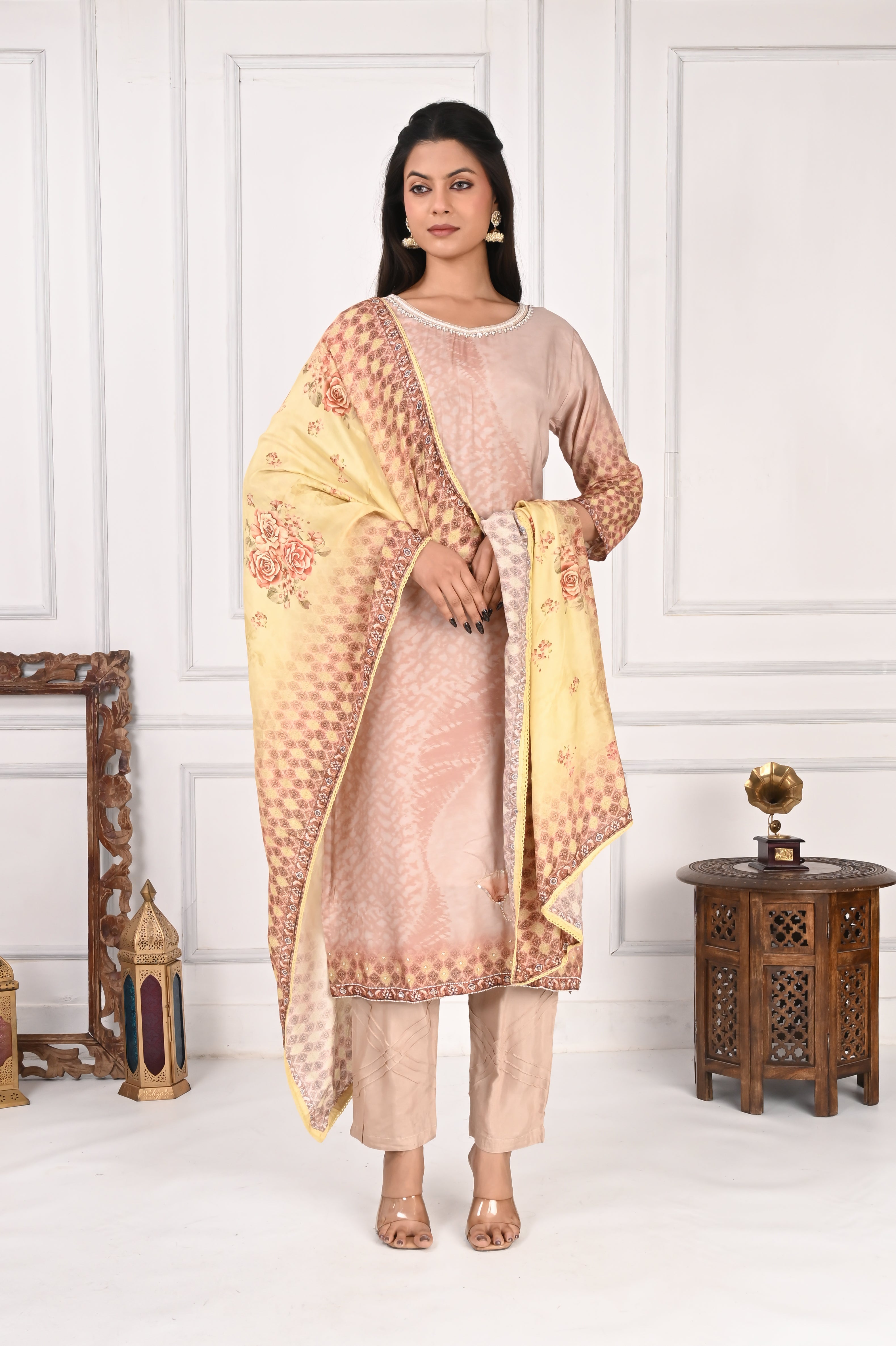 NR-129 Peach Pure Maslin Kurta Set