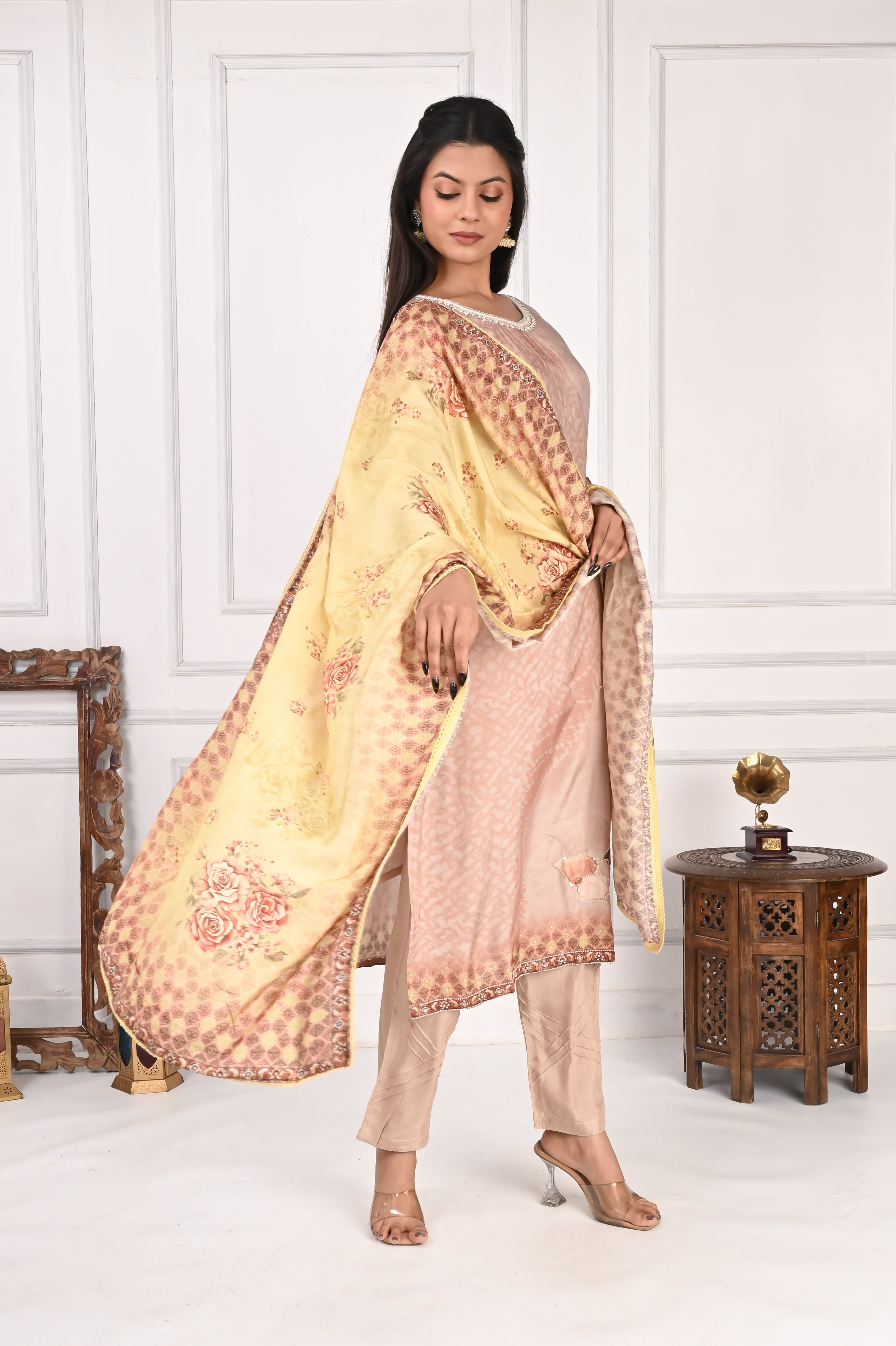 NR-129 Peach Pure Maslin Kurta Set