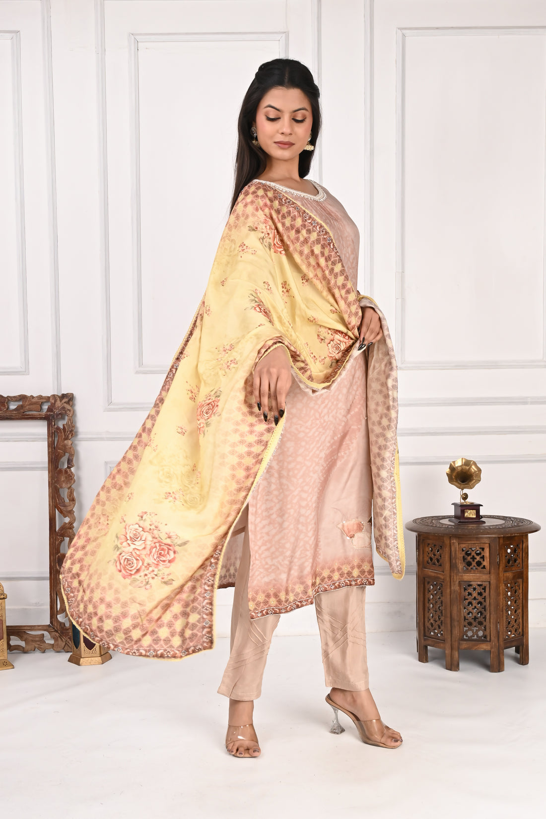 NR-129 Peach Pure Maslin Kurta Set