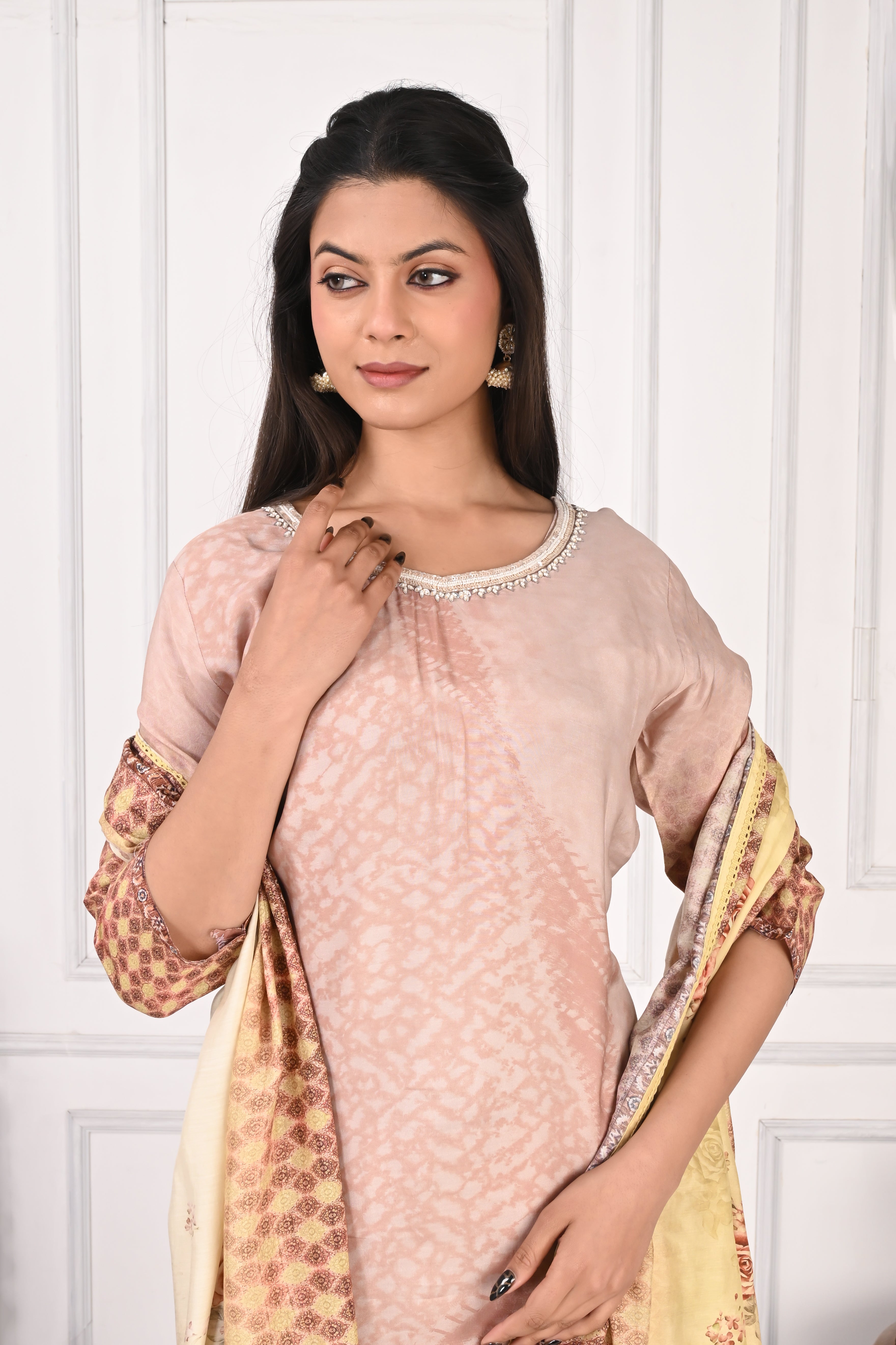NR-129 Peach Pure Maslin Kurta Set