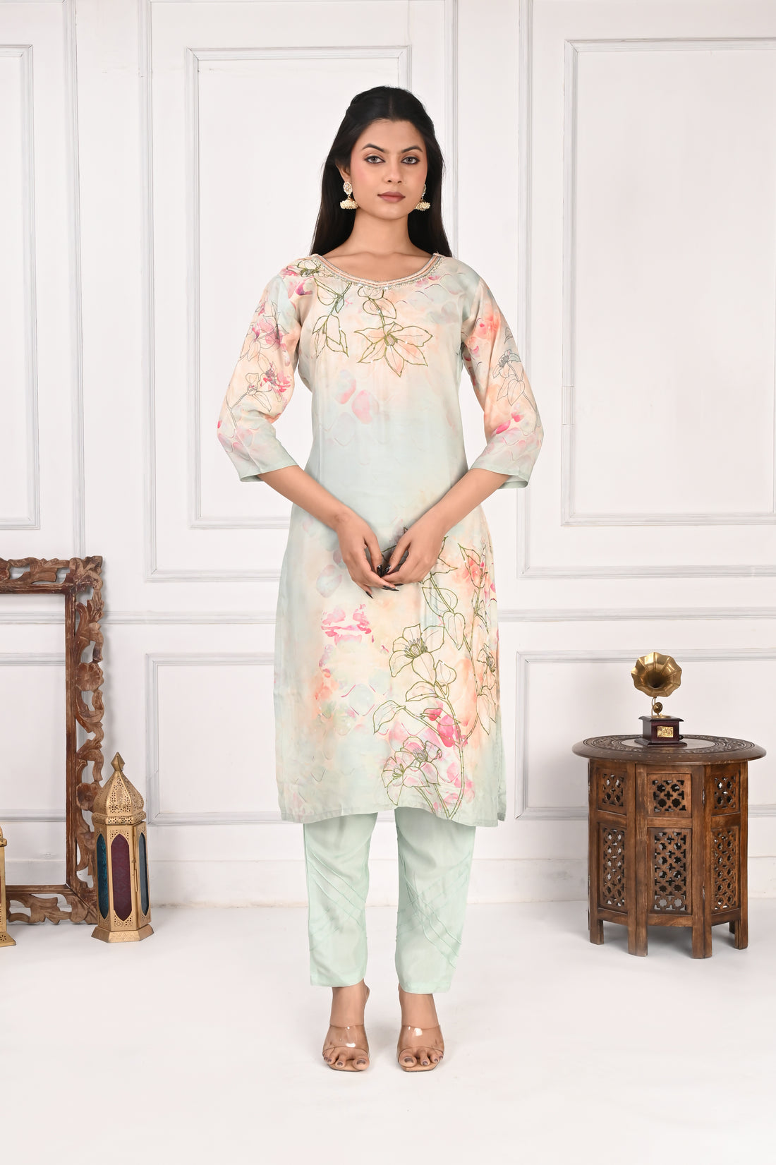 NR-130 Pastel Mint Pure Maslin Floral Printed Suit Set
