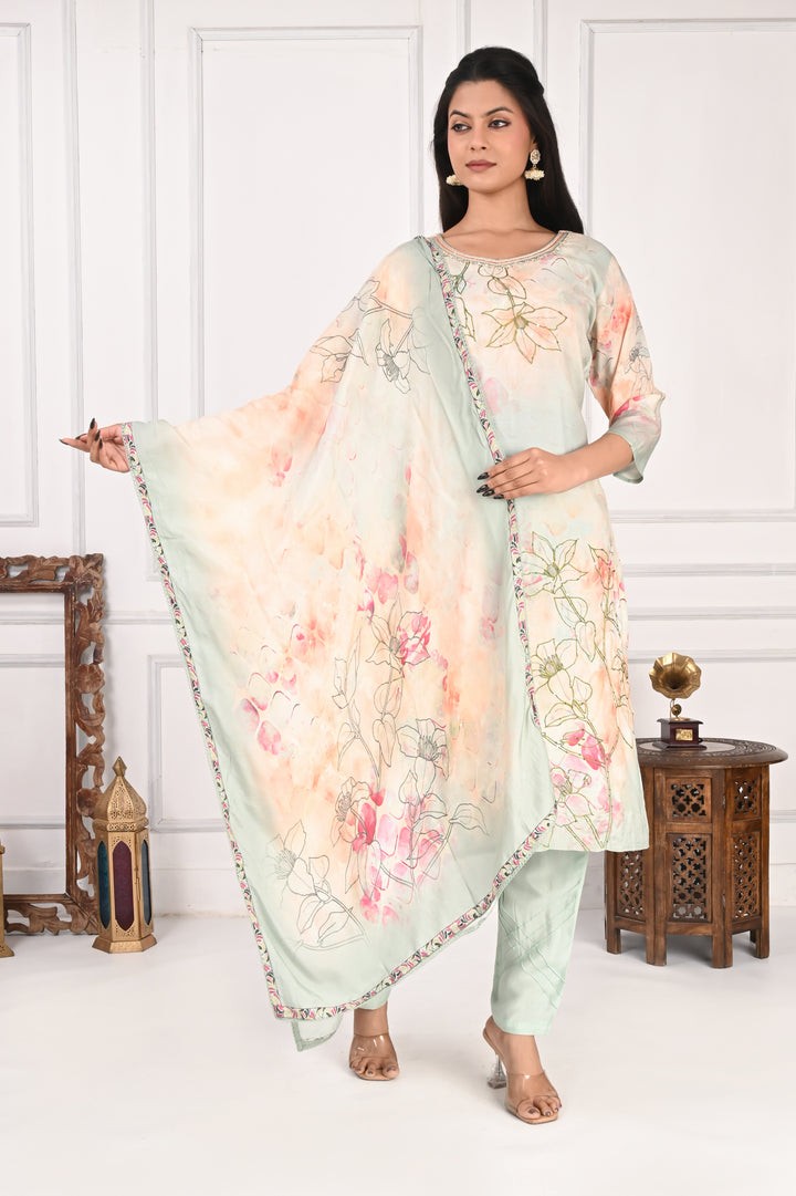 NR-130 Pastel Mint Pure Maslin Floral Printed Suit Set