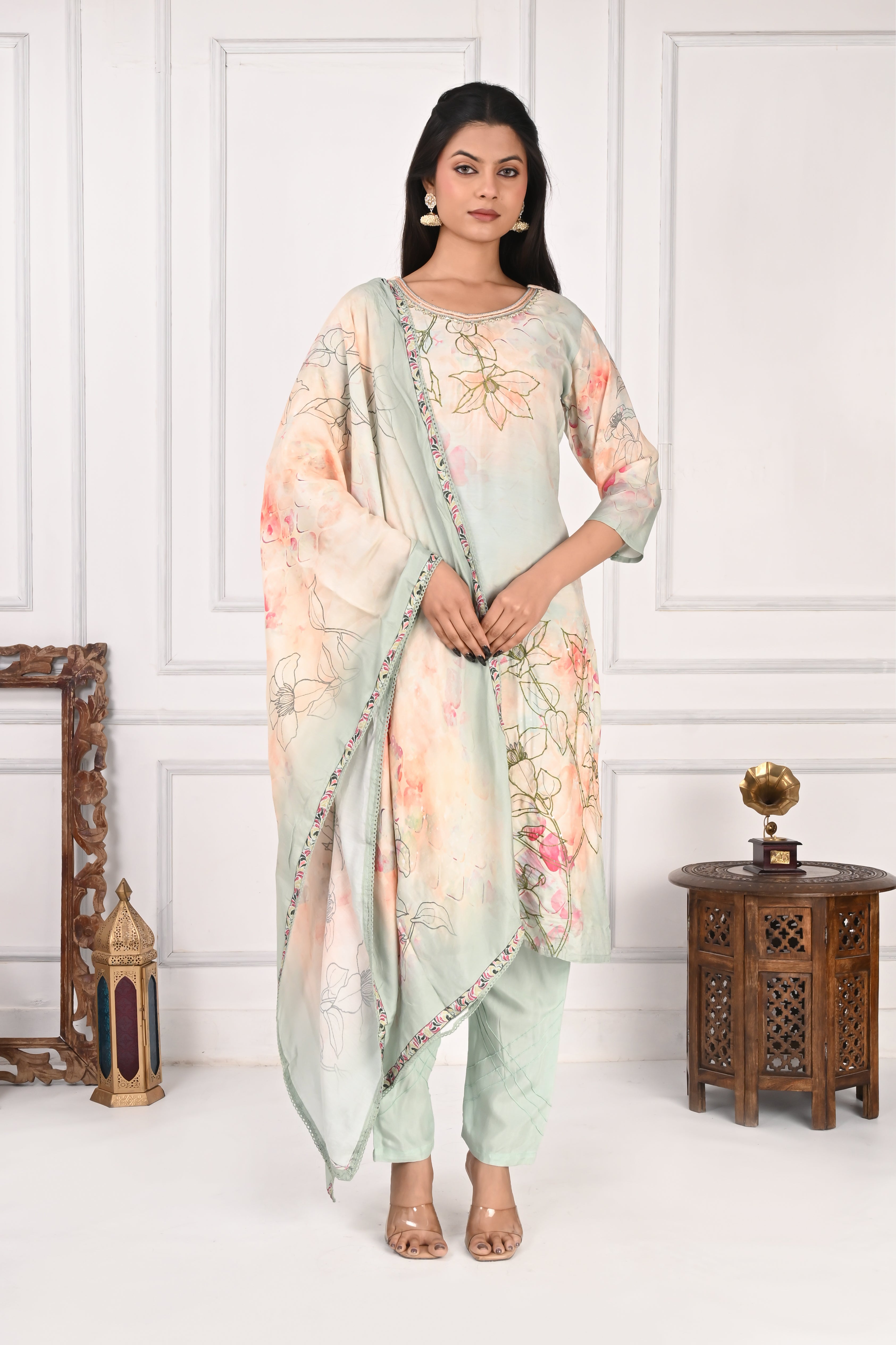 NR-130 Pastel Mint Pure Maslin Floral Printed Suit Set