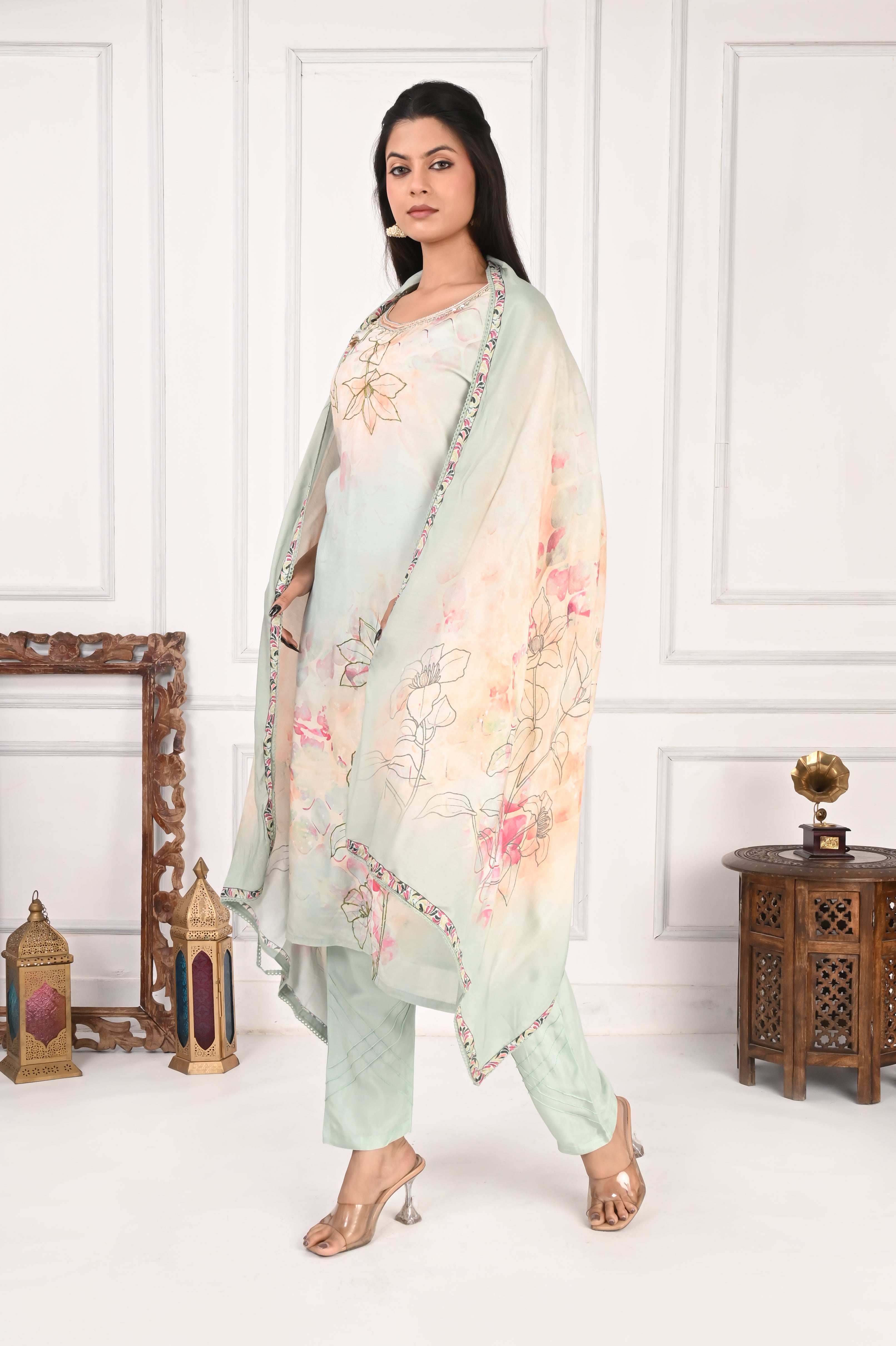 NR-130 Pastel Mint Pure Maslin Floral Printed Suit Set