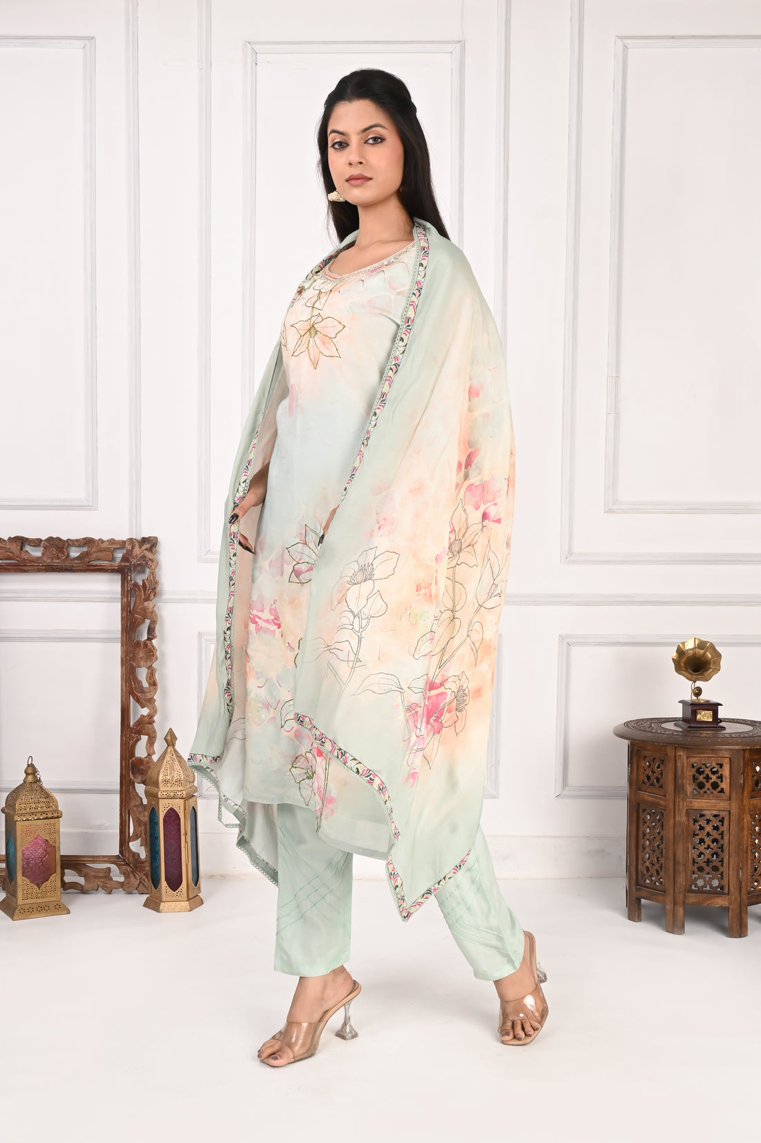 NR-130 Pastel Mint Pure Maslin Floral Printed Suit Set
