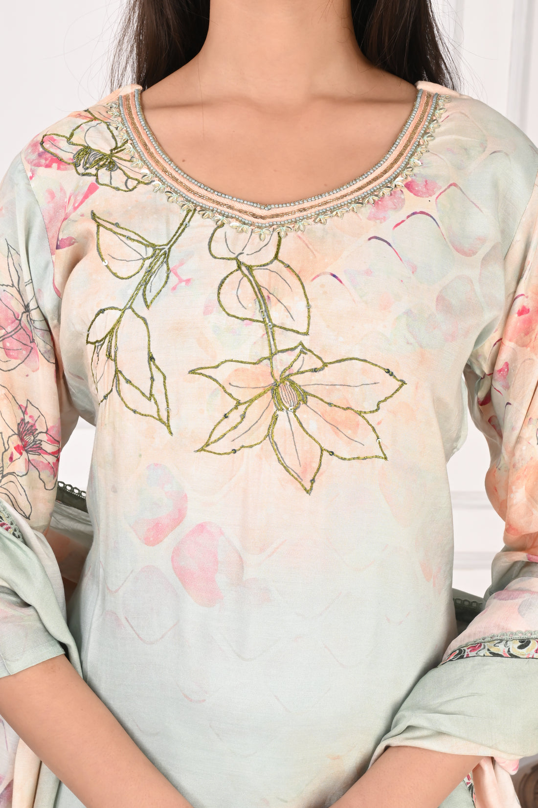 NR-130 Pastel Mint Pure Maslin Floral Printed Suit Set