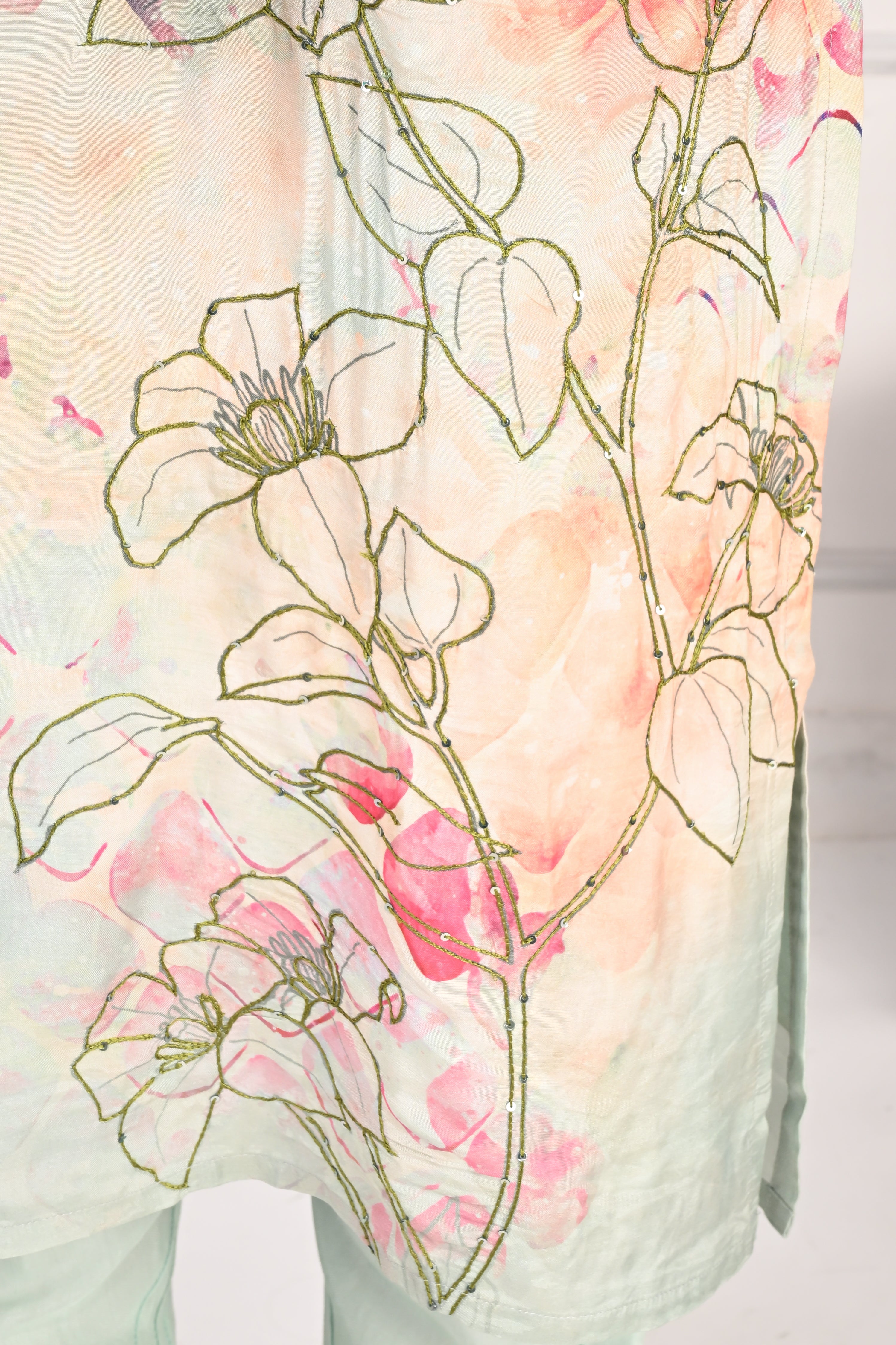 NR-130 Pastel Mint Pure Maslin Floral Printed Suit Set