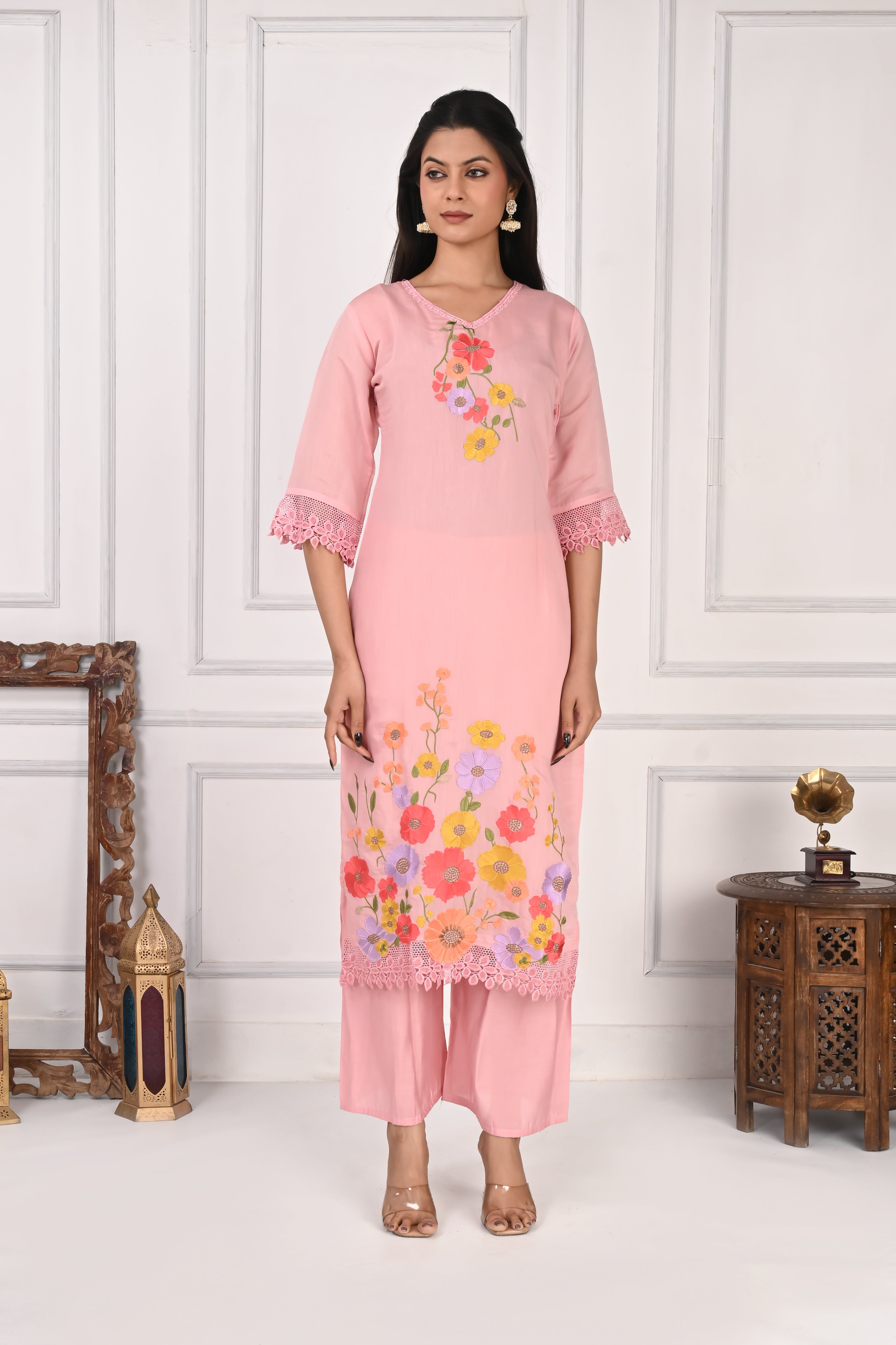 NR-131 Blush Pink Floral Embroidered Kurta Pant Set with Dupatta