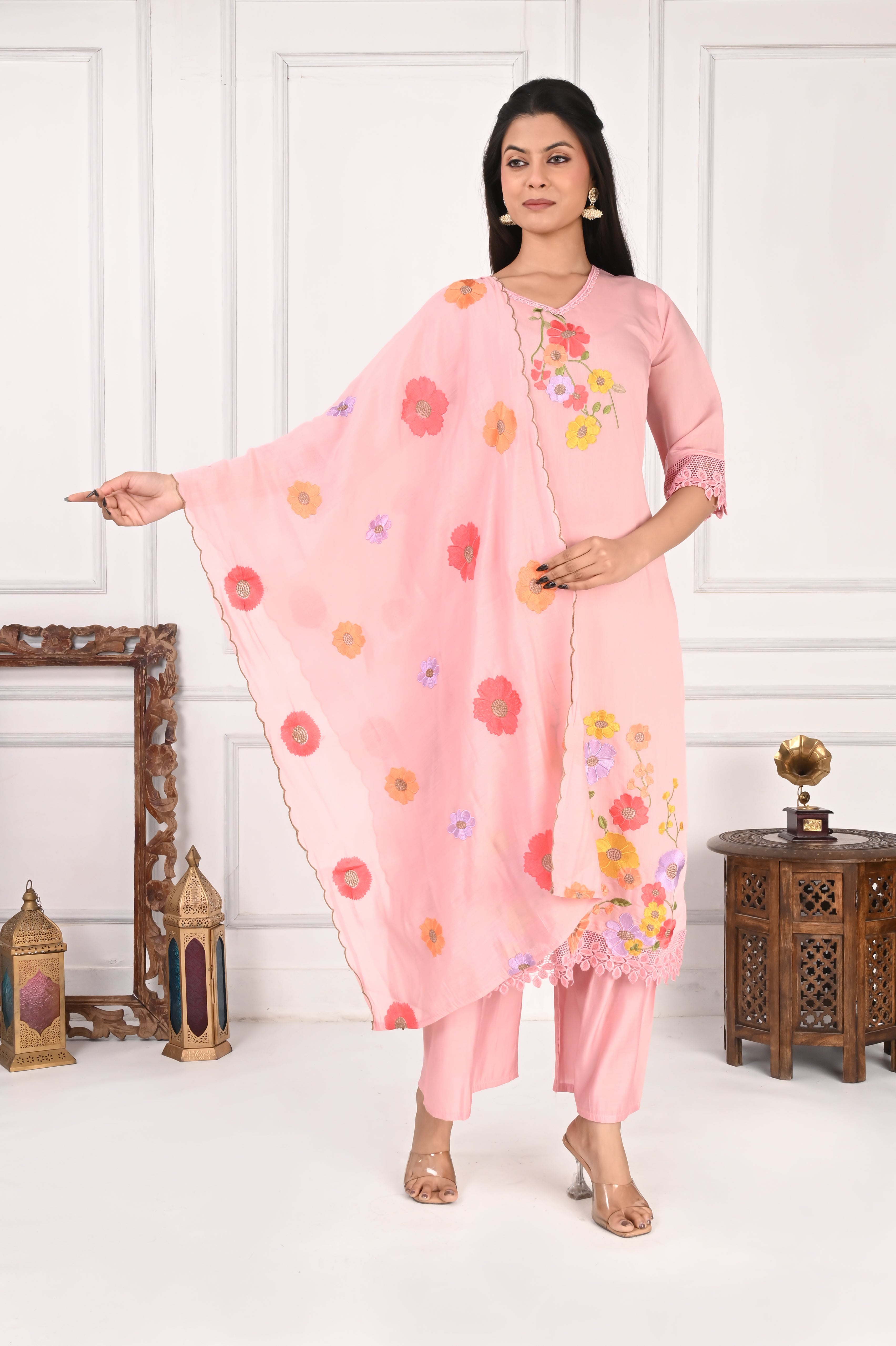 NR-131 Blush Pink Floral Embroidered Kurta Pant Set with Dupatta