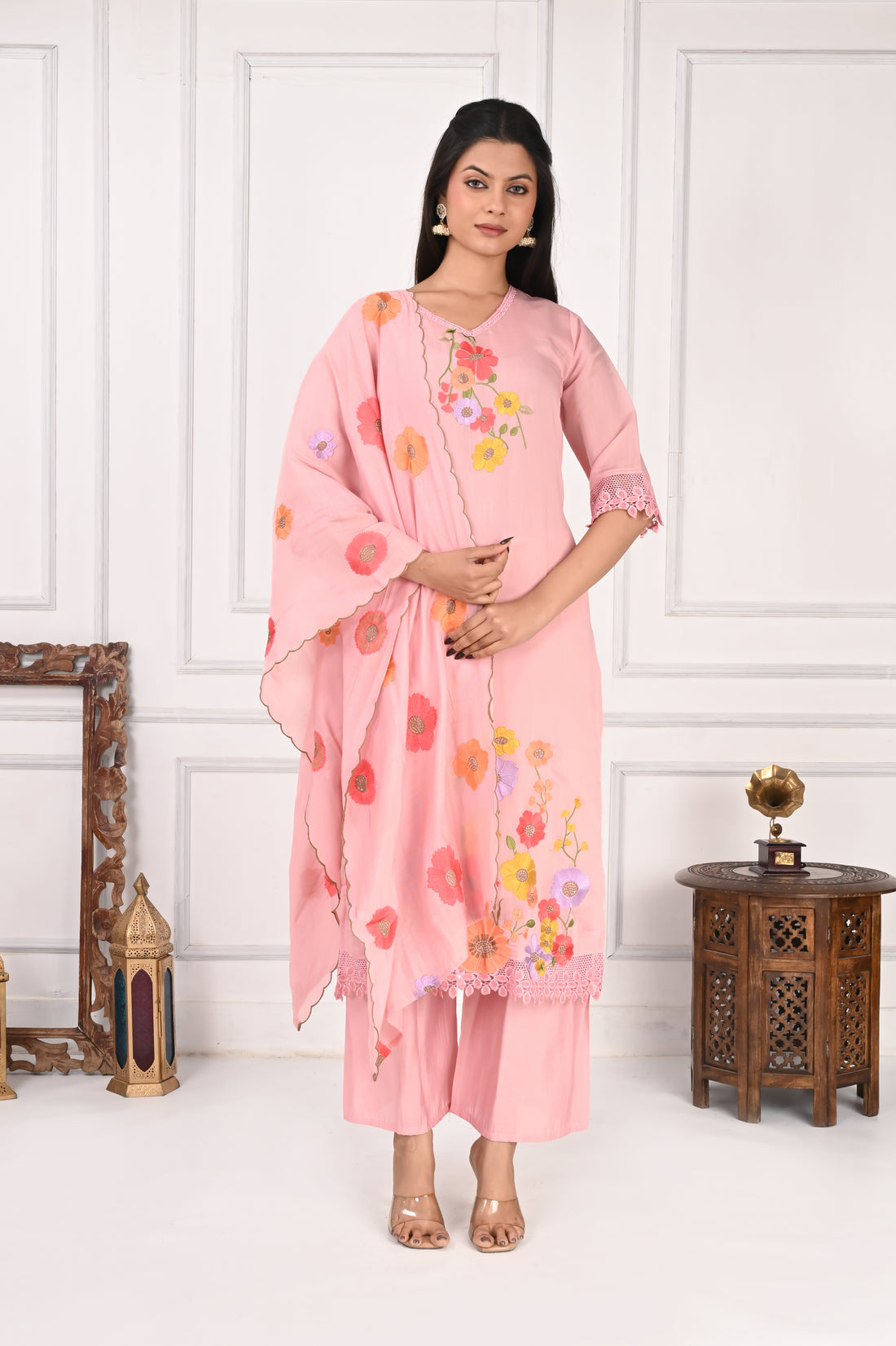 NR-131 Blush Pink Floral Embroidered Kurta Pant Set with Dupatta