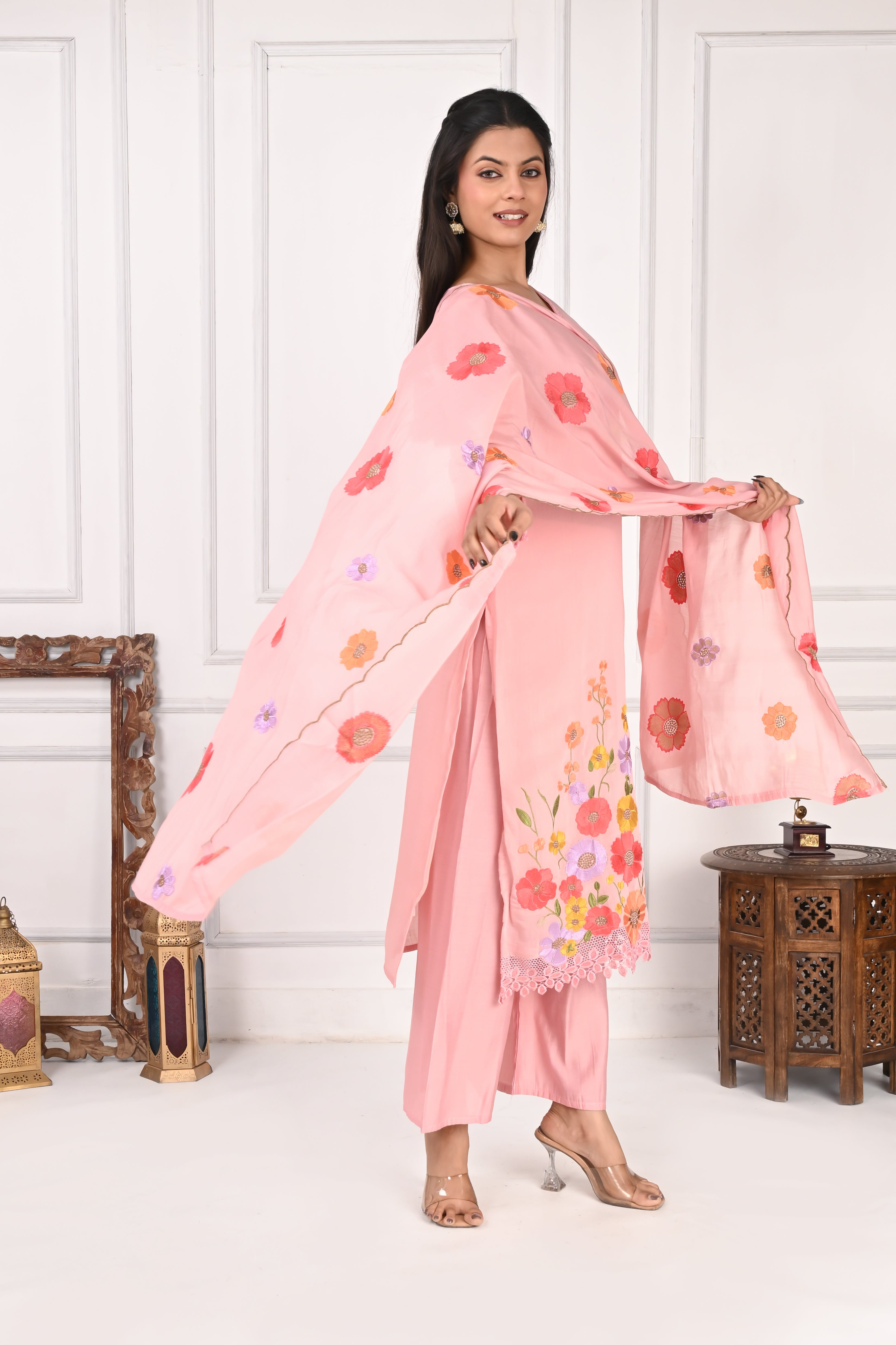 NR-131 Blush Pink Floral Embroidered Kurta Pant Set with Dupatta