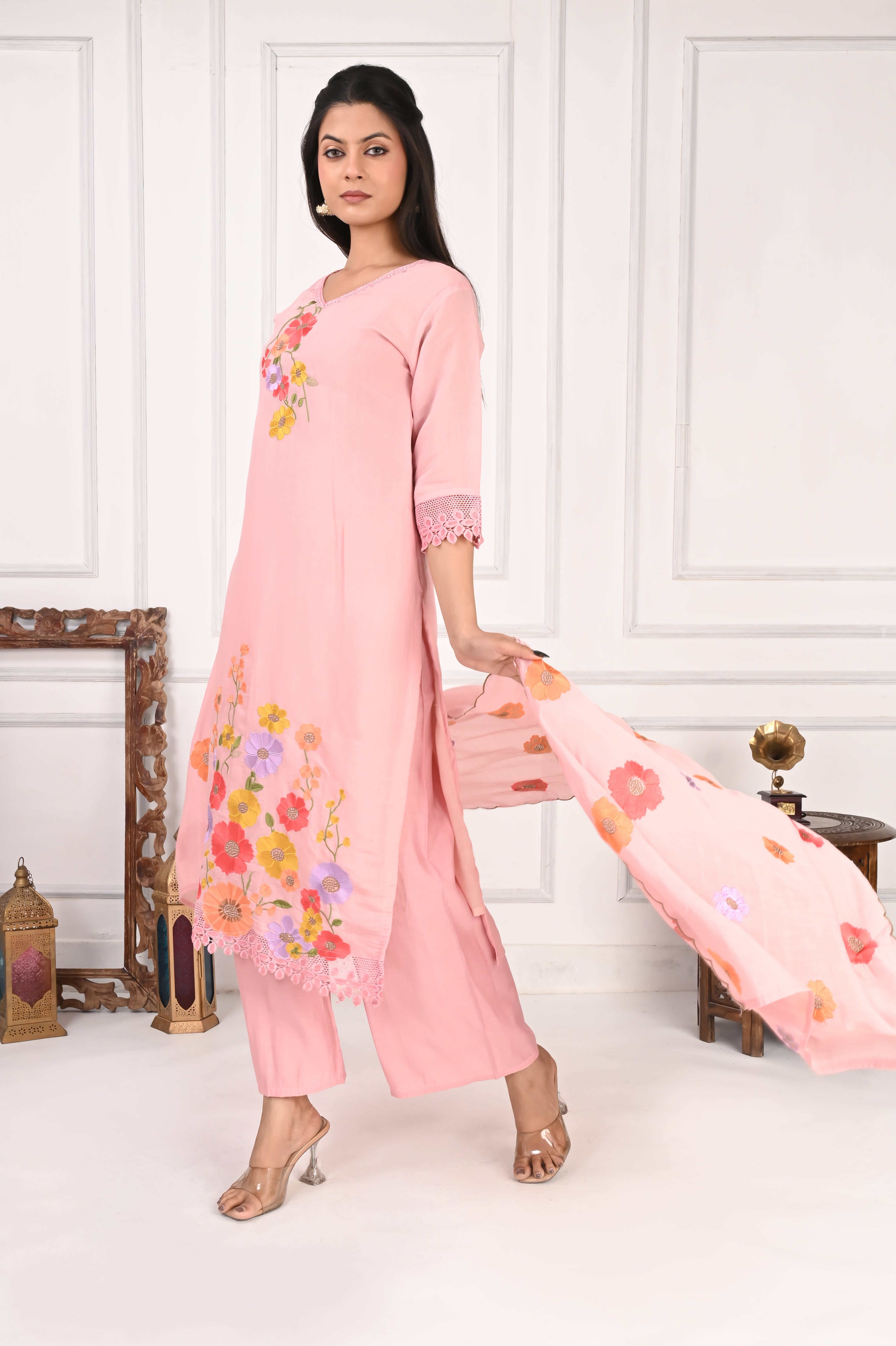NR-131 Blush Pink Floral Embroidered Kurta Pant Set with Dupatta