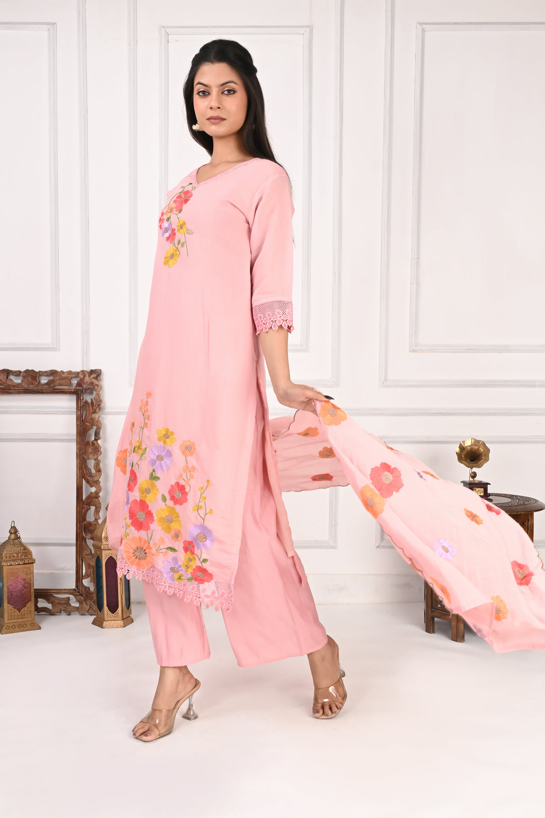 NR-131 Blush Pink Floral Embroidered Kurta Pant Set with Dupatta