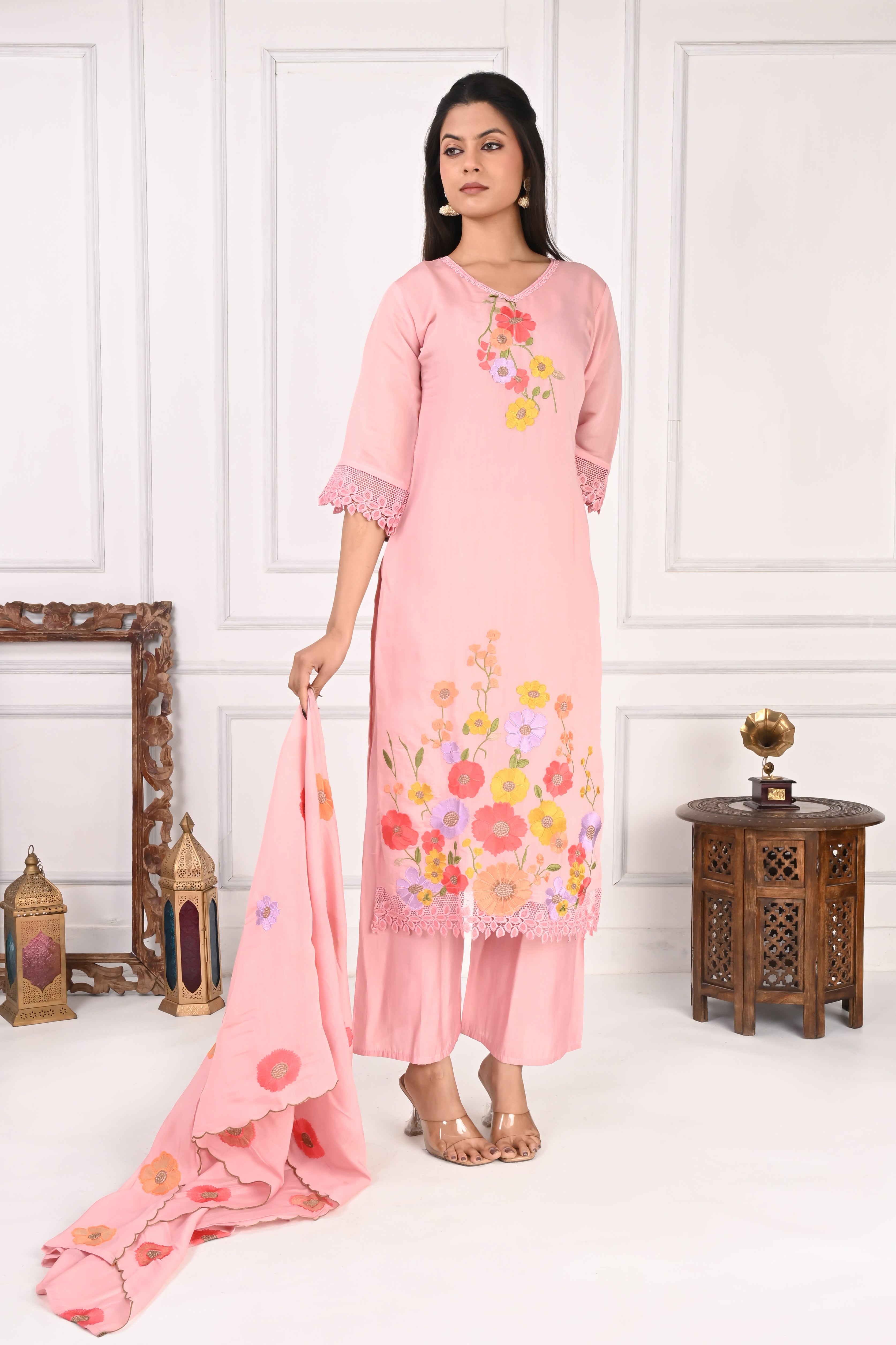 NR-131 Blush Pink Floral Embroidered Kurta Pant Set with Dupatta