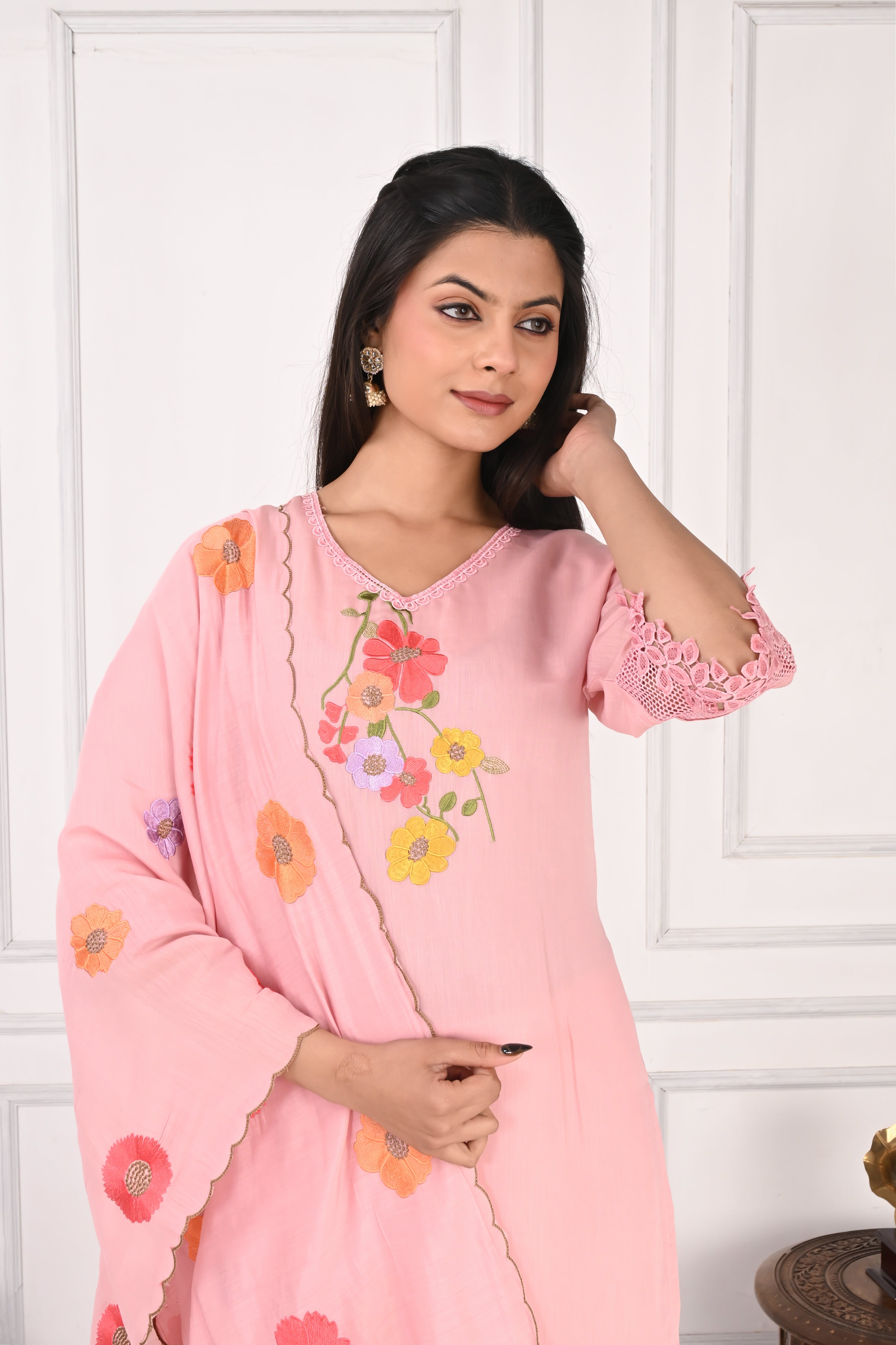 NR-131 Blush Pink Floral Embroidered Kurta Pant Set with Dupatta