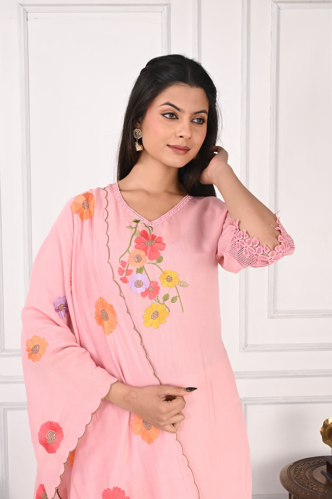 NR-131 Blush Pink Floral Embroidered Kurta Pant Set with Dupatta
