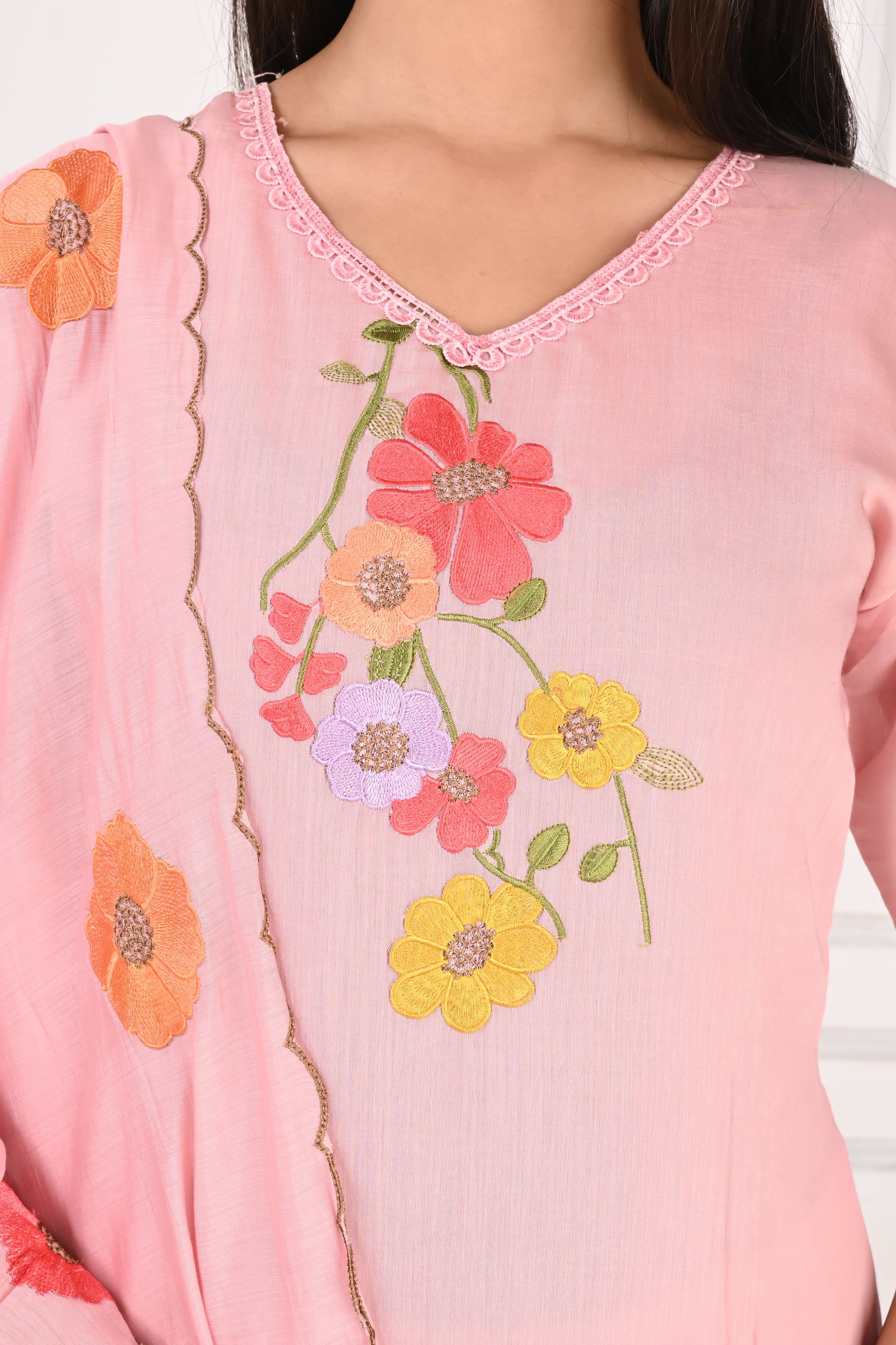 NR-131 Blush Pink Floral Embroidered Kurta Pant Set with Dupatta