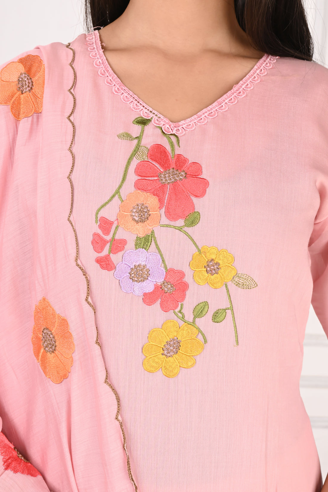 NR-131 Blush Pink Floral Embroidered Kurta Pant Set with Dupatta