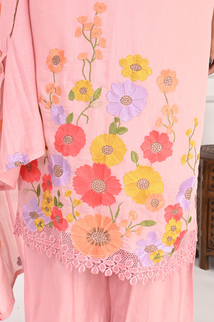 NR-131 Blush Pink Floral Embroidered Kurta Pant Set with Dupatta