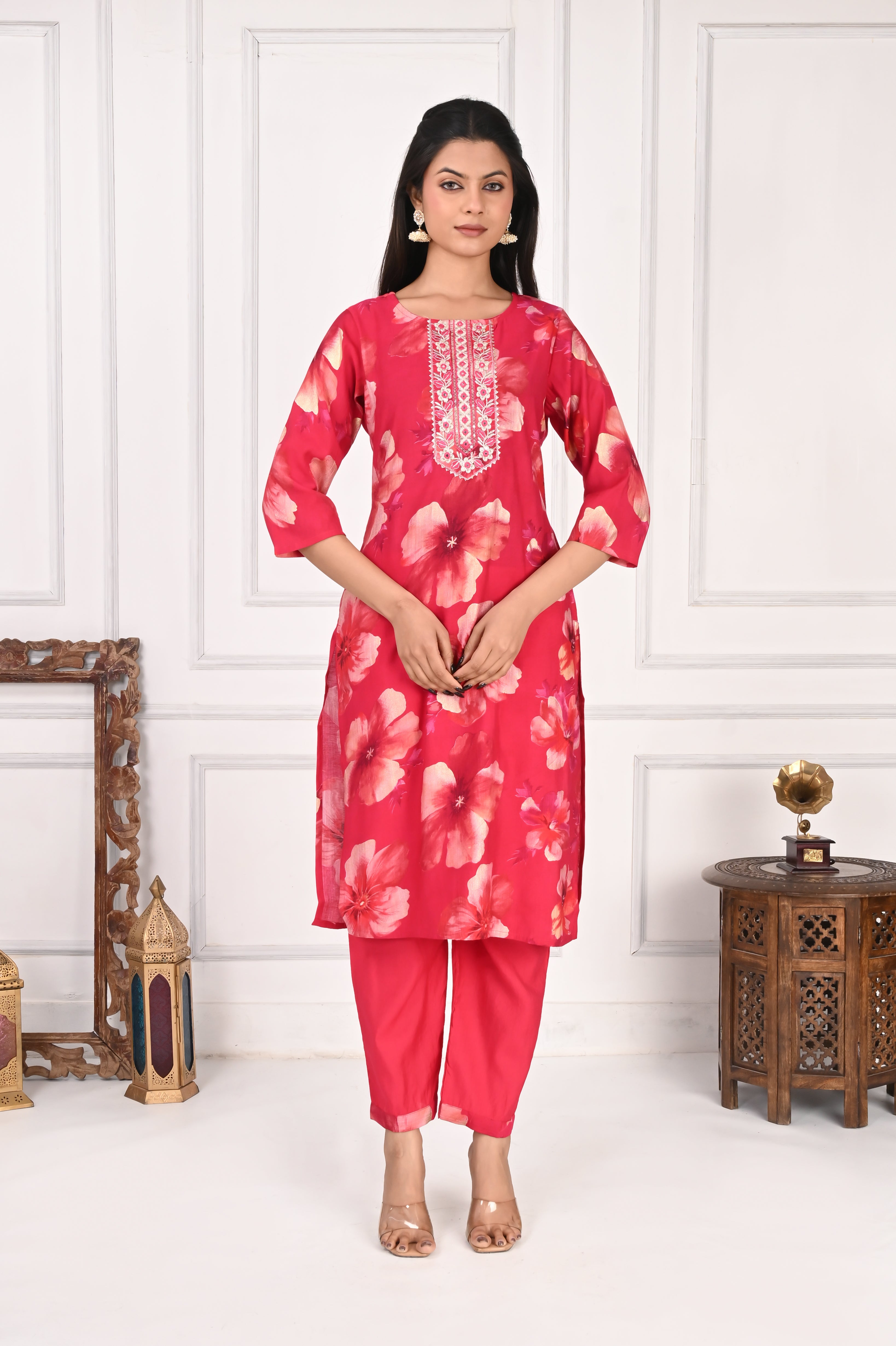 NR-132 Red Floral Printed Kurta Set with Dupatta