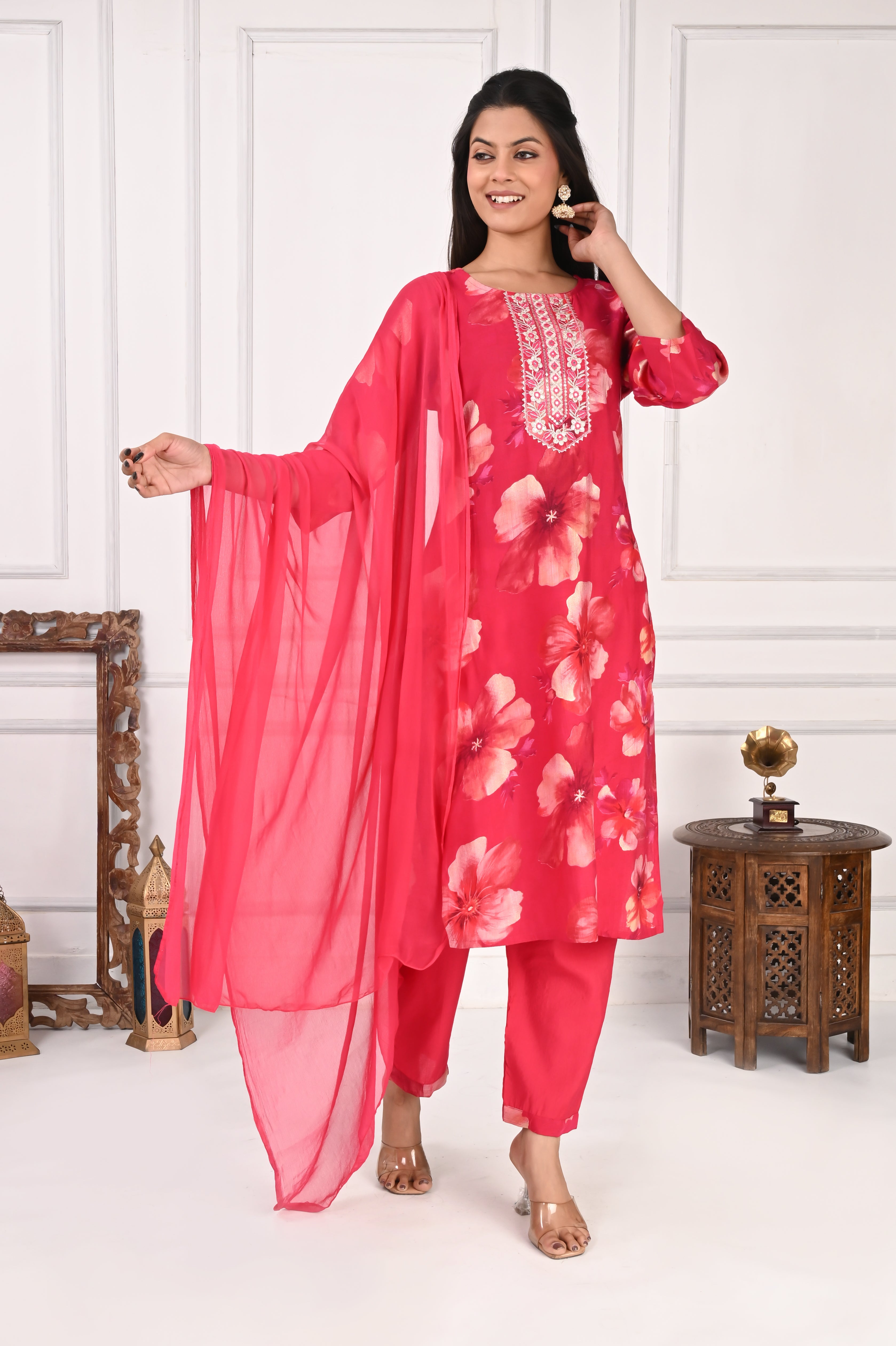 NR-132 Red Floral Printed Kurta Set with Dupatta