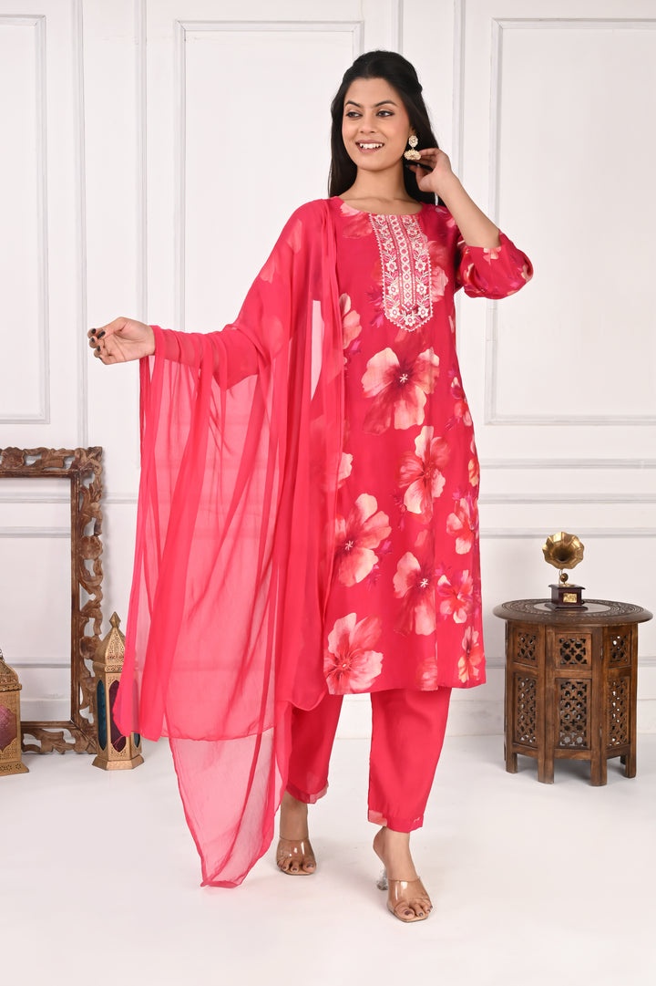 NR-132 Red Floral Printed Kurta Set with Dupatta